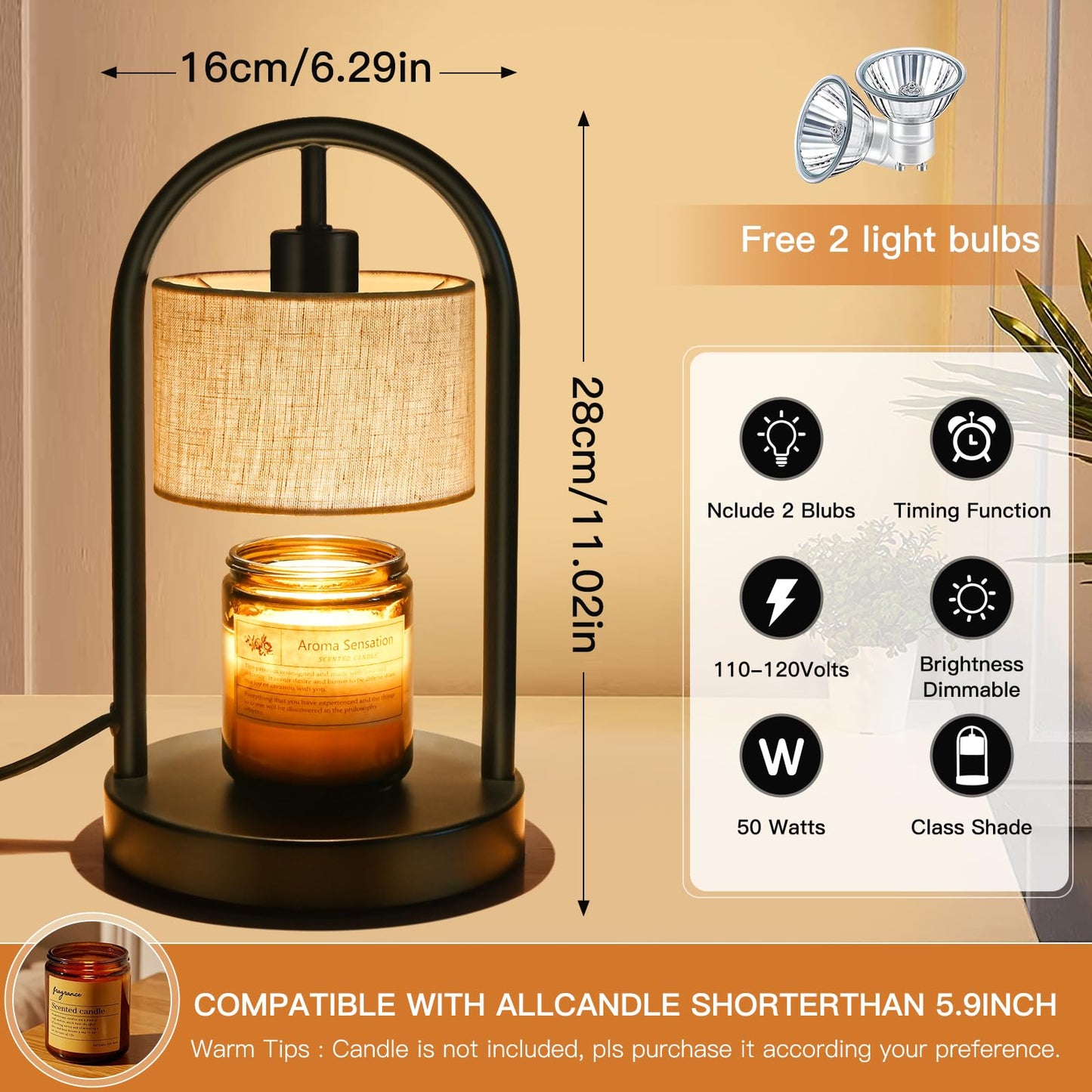 Omnikerlight Candle Warmer Lamp with Timer, Dimmable Candle Lamp Warmer for Jar Candles, Wax Warmer with 2 Bulbs, Birthday Gifts for Women Mom, House Warming Gifts New Home Decor (Single-Bracket)