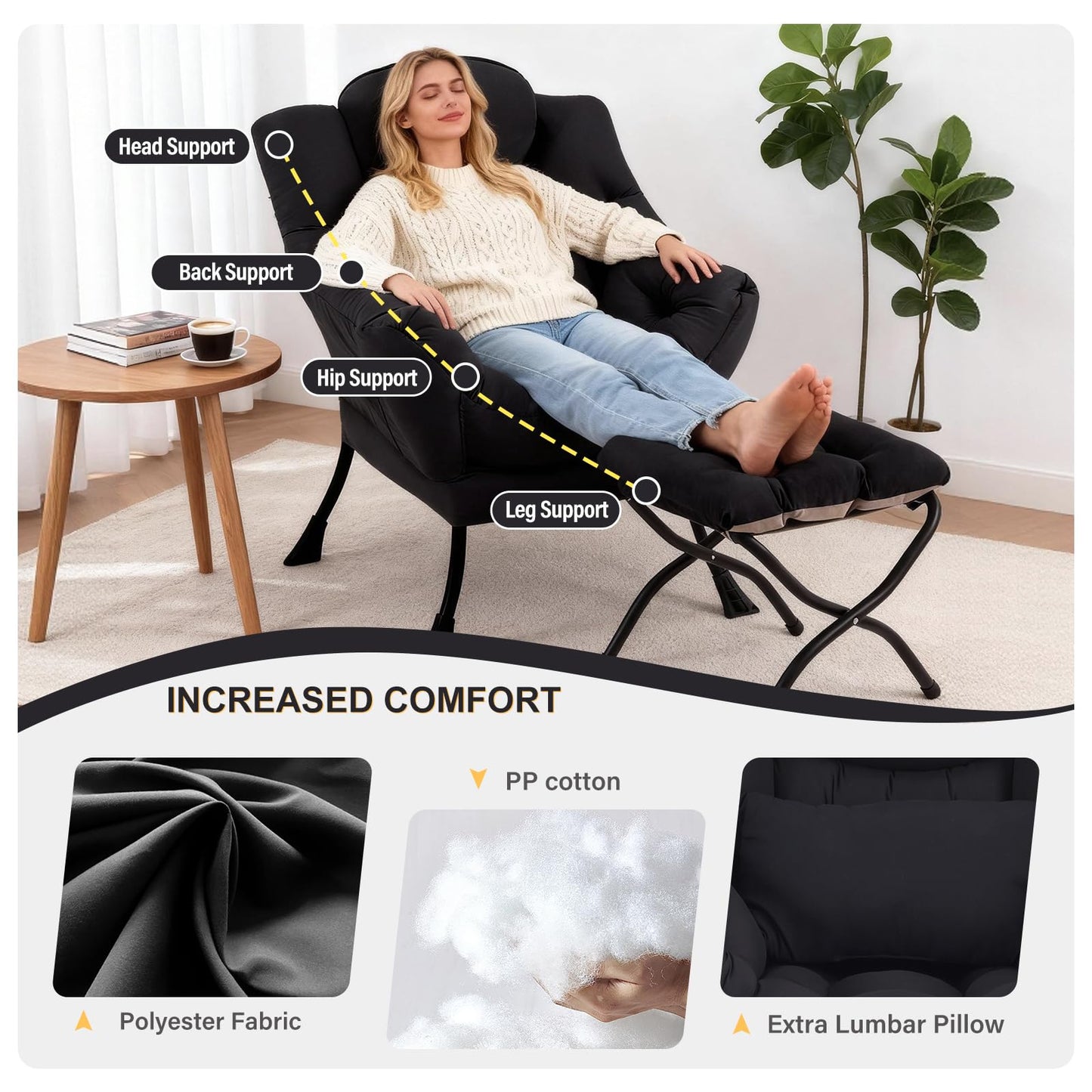 DreamNook Lazy Chair with Ottoman, Modern Accent Chair with Lumbar Pillow, Black Sofa, Armchairs with Folding Footrest, Oversized Supportive Chairs for Bedroom, Reading