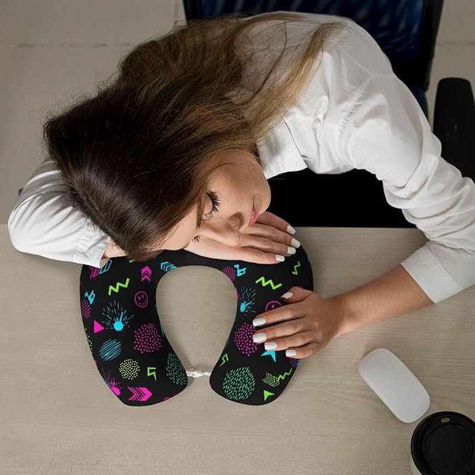 Breathable Neck Pillow for Sleeping Rest Nap 80s 90s Geometric, Airplanes/Car/Home Memory Foam Travel Cushion with Polyester Cover Washable for Women Men