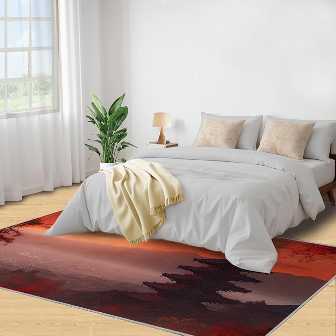 Japanese Style Area Rug 4x5 Washable Rug Red Maple Leaves Rugs for Living Room Sunset Scene Non Slip Carpet Floral Print Mat Bedroom Bathroom