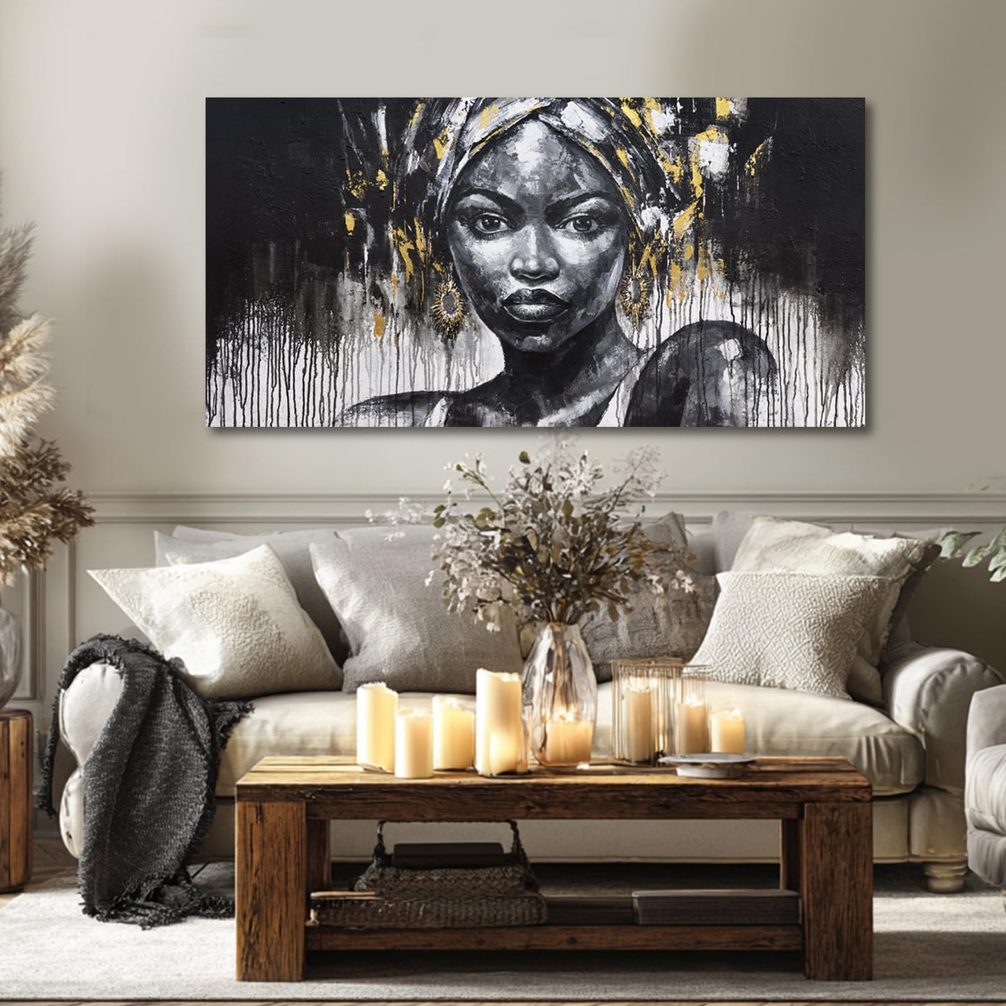 ZUNARE African American Portrait Canvas Wall Art Black and White Pictures with Gold Accents, Modern Cultural Black Woman Artwork for Living Room Bedroom Decor 24x48
