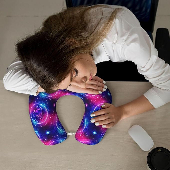 Travel Neck Pillows for Sleeping Rest Car Airplanes Purple Blue Galaxy Cool Wolf Art, Memory Foam with Removable Breathable Zipper Cover Washable for Men Women