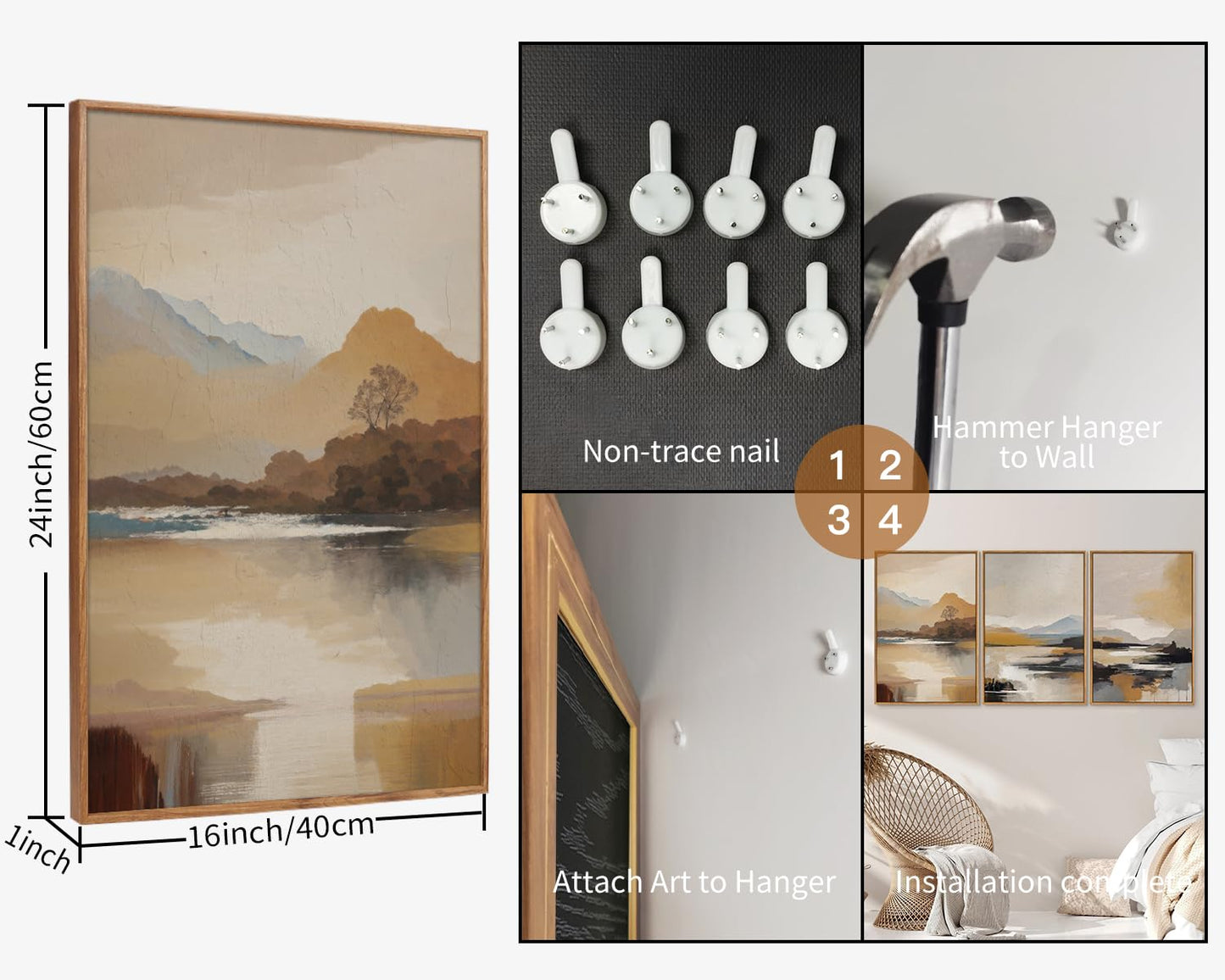 Tinonedraw Beige Abstract Mountain Framed Canvas Wall Art, Mid Century Modern Wall Decor, Rustic Golden Hour Lake Artwork, Neutral Nature Landscape Art Paintings for Living Room Bedroom 16"x24"x3