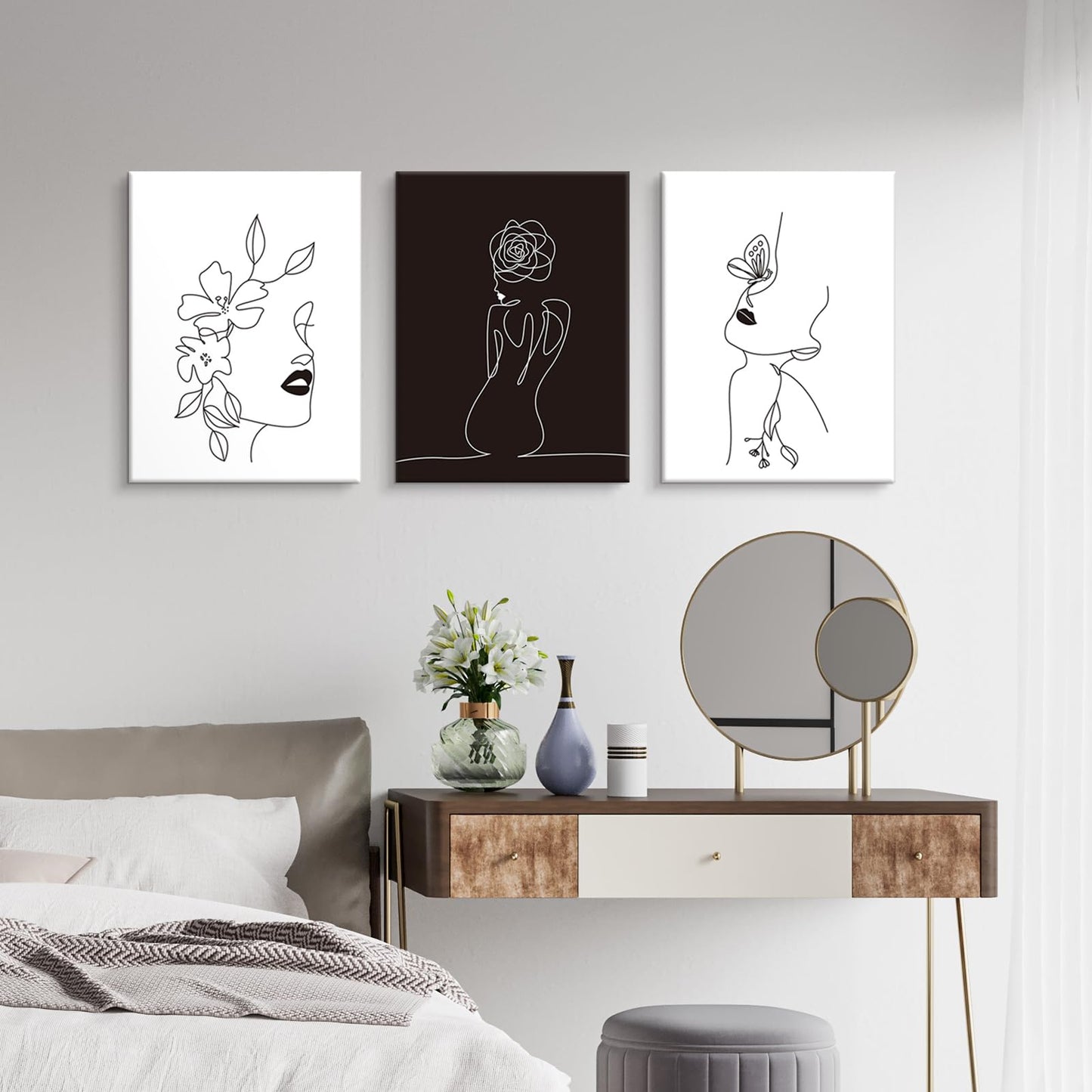 Chadow Artwork Minimalist Line Art Prints Set of 3 Abstract Women Faces Flower Wall Art Black and White Line Drawing Painting Modern Aesthetic Poster for Girls Bedroom Bathroom Living Room Decor