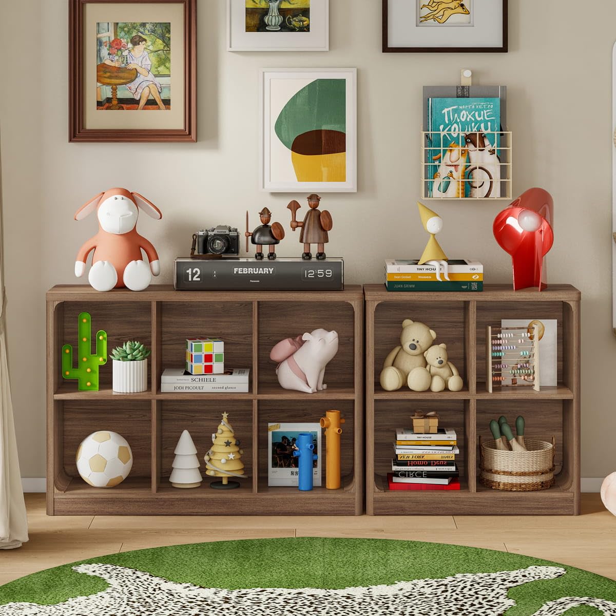 FATORRI 4 Cube Storage Bookcase, Rustic Wood Cube Bookcase Shelf Organizer, Small Storage Bookshelf for Living Room, Bedroom, Office (Walnut, 29.53" W)