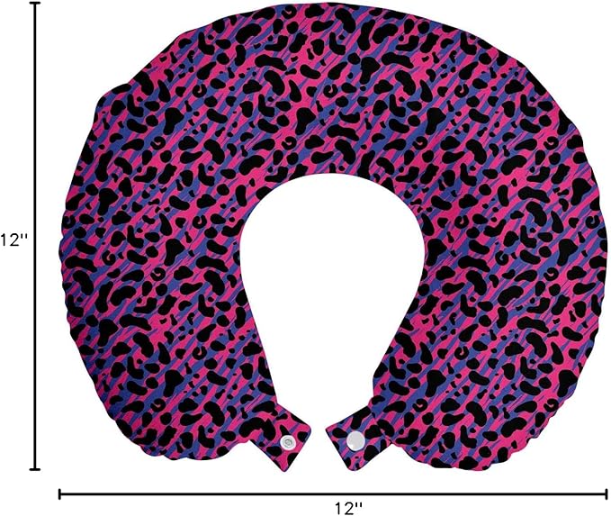 Ambesonne Jungle Travel Pillow Neck Rest, 80s Style Vintage Leopard Skin Radiant Colors Tiger Savannah Print, Memory Foam Traveling Accessory for Airplane and Car, 12", Royal Blue Hot Pink