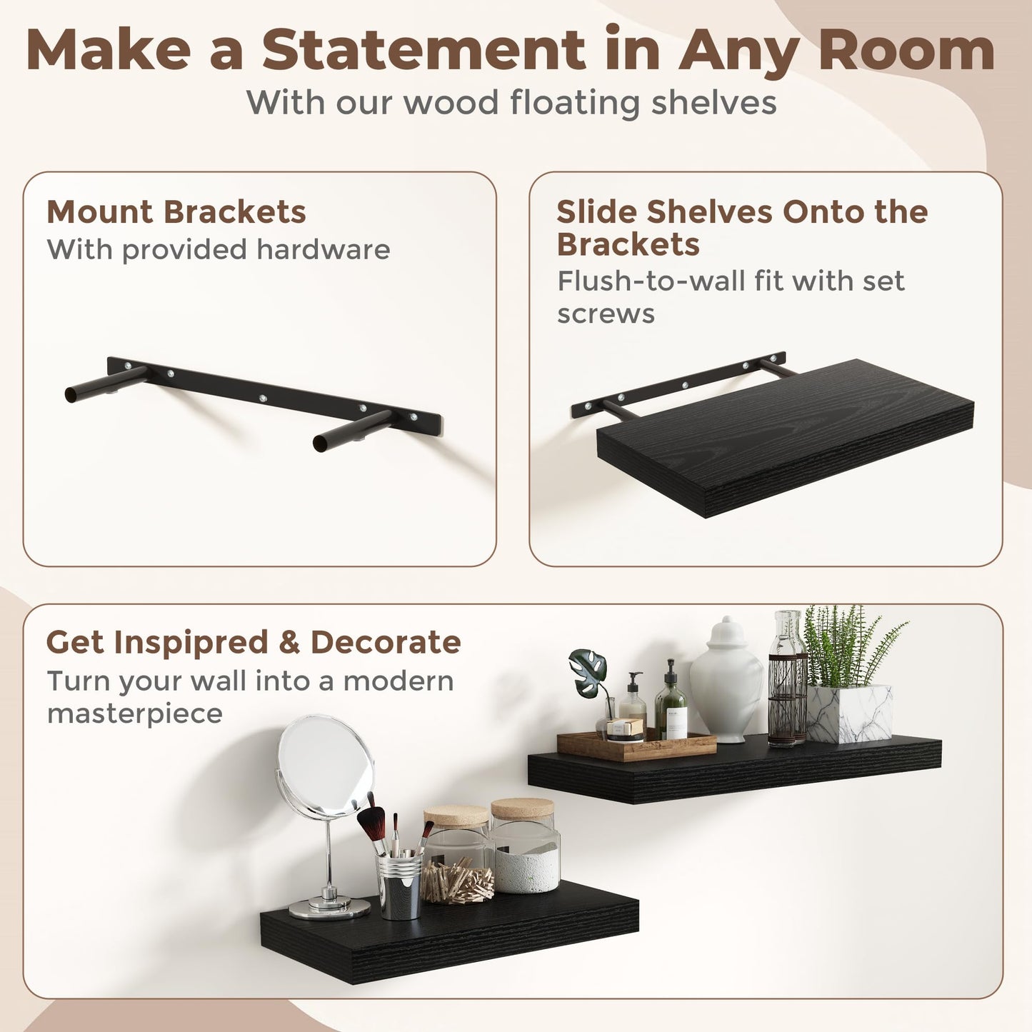 12 Inch Deep Floating Shelves for Wall, 24 x 12 Rustic Wood Grain Bathroom Shelves with Invisible Brackets, Easy Install Wood Storage Shelves for Kitchen, Living Room, Bedroom, Black, Set of 2
