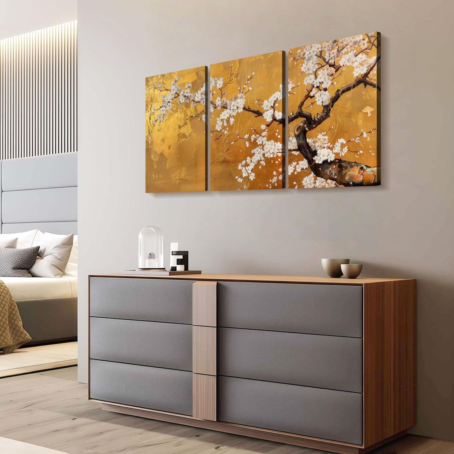 3 Pcs Framed Japanese Golden Plum Blossom Flower Wall Art Decor Canvas Print Picture Traditional Woodblock Print Style Farmhouse Poster Gallery Bedroom Living Room Office 16x24 Inch Ready to Hang