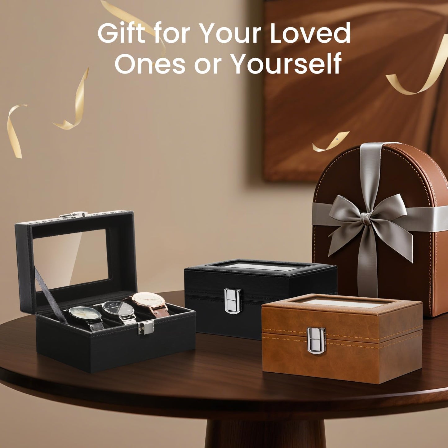Uten 3-Slot Watch Box, PU Leather Watch Case with Glass Lid, Watch Holder Organizer with Soft Pillow and Velvet Lining, Watch and Jewelry Storage Box, Black