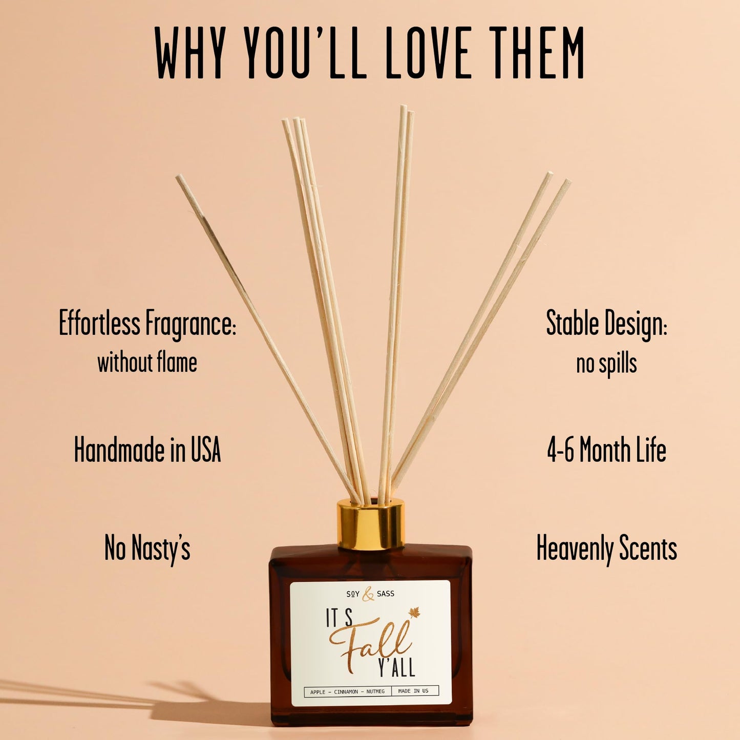 Fall Reed Diffusers for Home Set, Fall Diffuser -It's Fall Y'all! w/Apple, Cinnamon & Nutmeg I Infused w/Essential Oils I Fall Smells for House I 5.75 OZ Oil Scent Lasts 4-6 Month's, Made in The USA