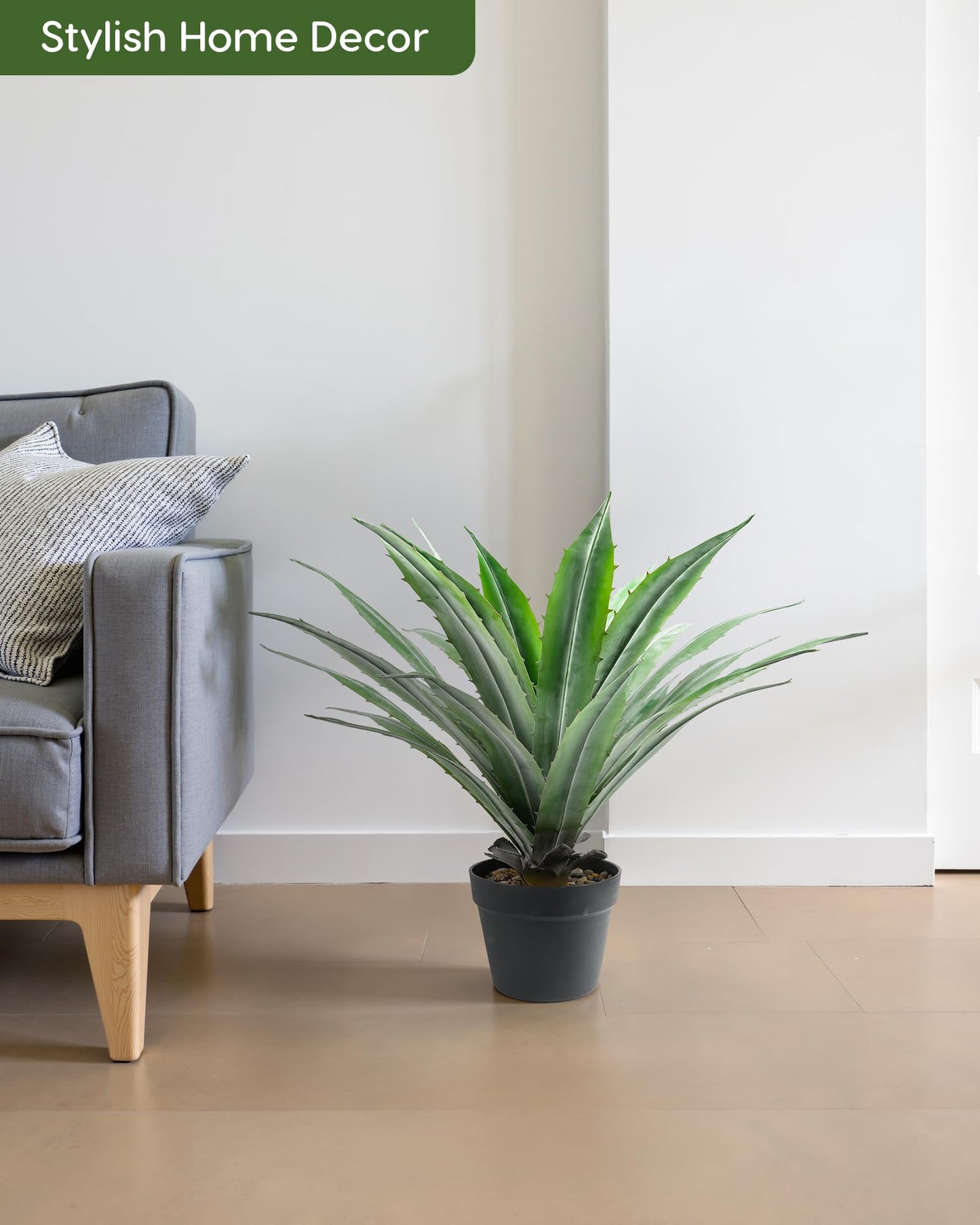 Velener Artificial Agave Plant in Black Pot with Real Stone Pebbles, Large Fake Agave Plants with Green Serrated Leaves, Faux Yucca for Indoor and Outdoor Decor-27 Inches Tall, 29 Leaves
