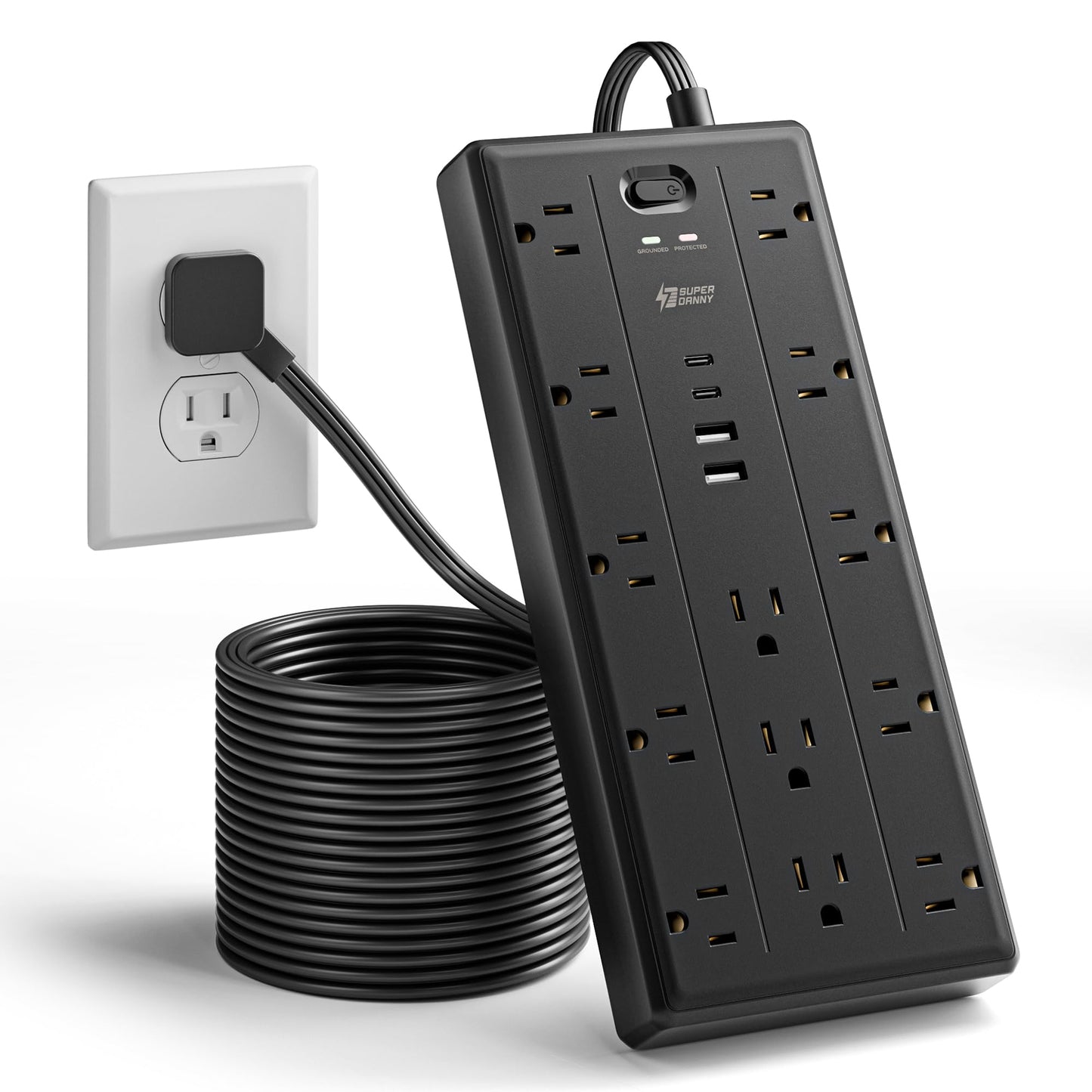 10Ft Extension Cord with Multiple Outlets, Flat Plug Power Strip with 2100J Surge Protector, 13 Outlets, 2 USB A, 2 USB C, Desk USB Charging Station, Home Office, College Dorm Room Essentials, Black