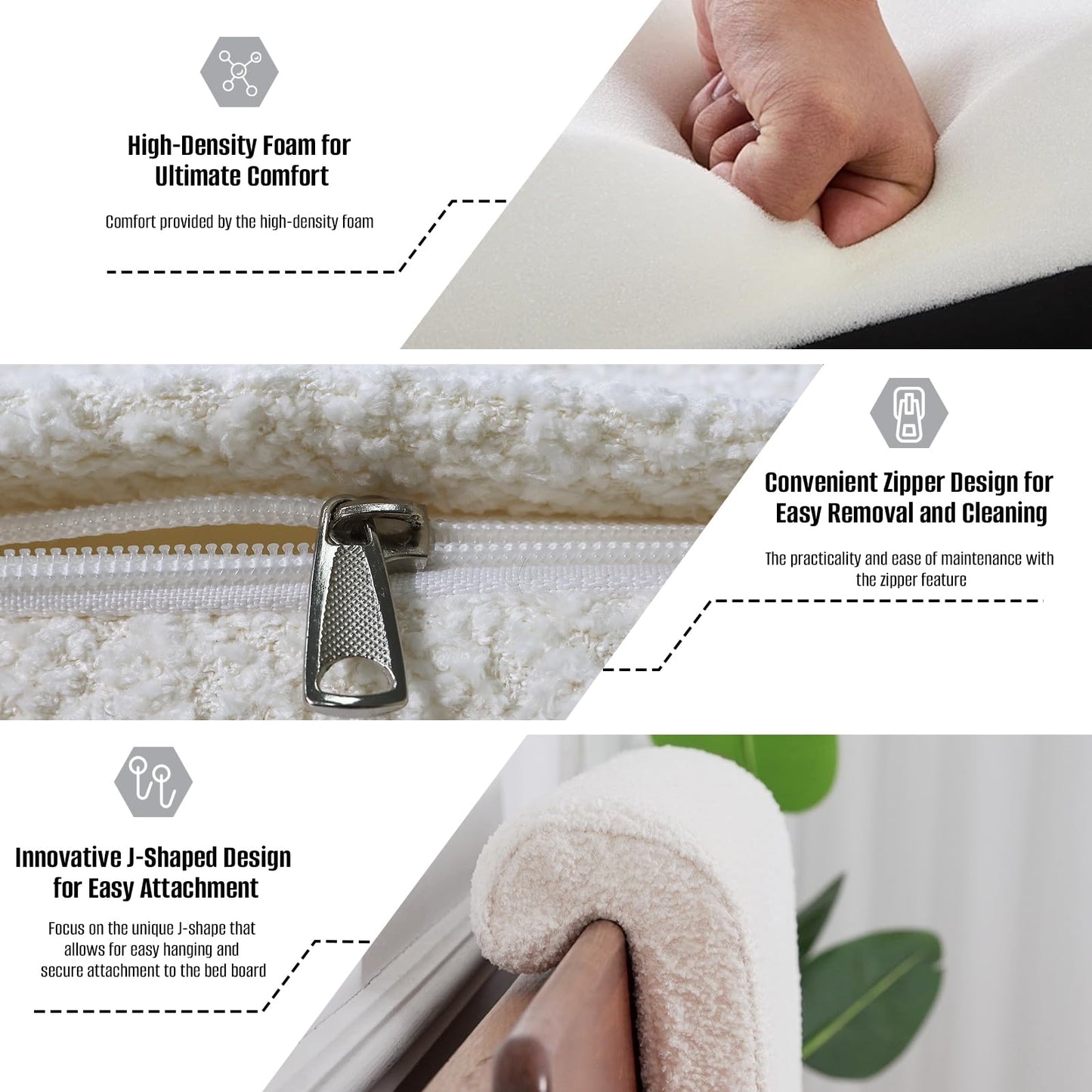 M Mute Touch 2PCS Dorm Bed Hanging Wood Headboard Back Cushion, Pillow with Removable Berber Fleece Cover, Upholstery Reading Cushions for Bedroom (Ivory)