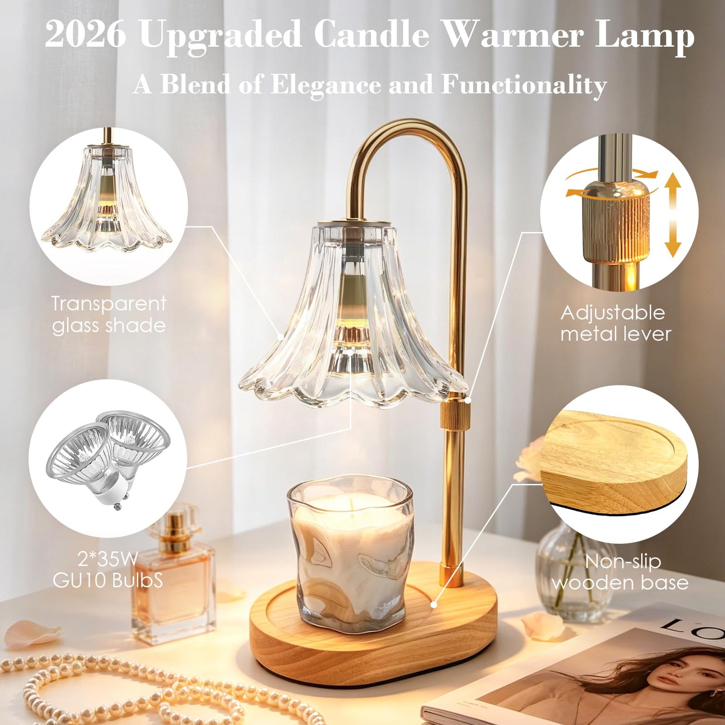 Banbanda Candle Warmer Lamp with Timer: 2026 Mothers Day Gifts for Women, Adjustable Candle Warmer with 2 Bulbs, Flower Candle Lamp for House Warming Room Decor