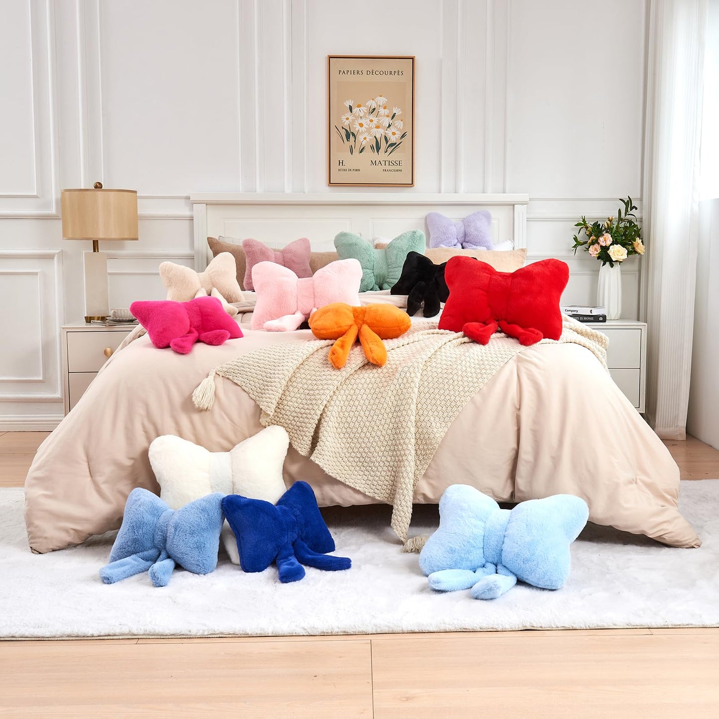 XVTRU Bow Pillow, Soft Bow Decorative Pillows with Faux Rabbit Fur, Cute Bow Throw Pillows, Aesthetic Home Decor Bow Shaped Plush Pillow for Bedroom Sofa Couch (Royal Blue, Small-12 Inch)