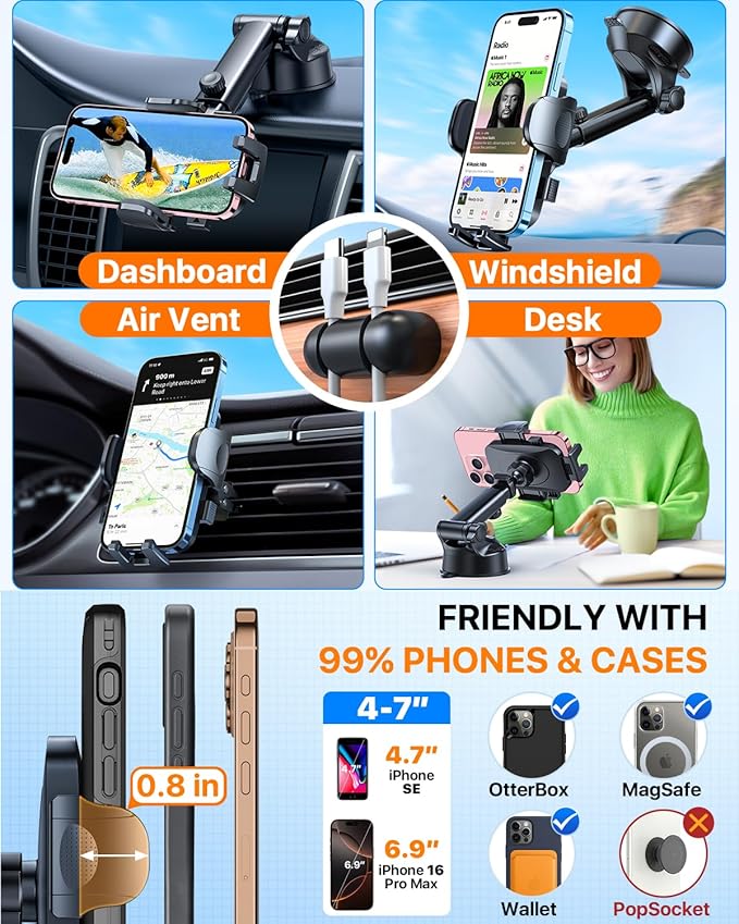 2026 Ultimate Best【True Military-Grade & Safety Cert】Car Phone Holder HTU【Upgraded 5-in-1 & 100+LBS Strongest Suction】360 Rotation Truck Windshield Dashboard Vent Mount Stand for iPhone Android, Black