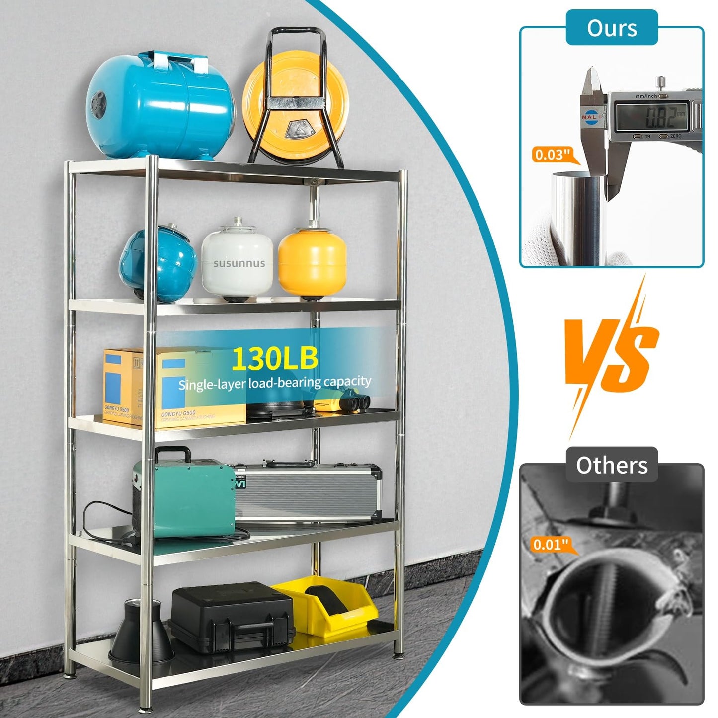 susunnus 3-Tier Stainless Steel Shelf, Heavy Duty Shelving for Kitchen, Garage, Industrial Storage, Kitchen Shelves Adjustable Feet, Easy to Clean(3T-24.8in*15.8in(Without guardrails))