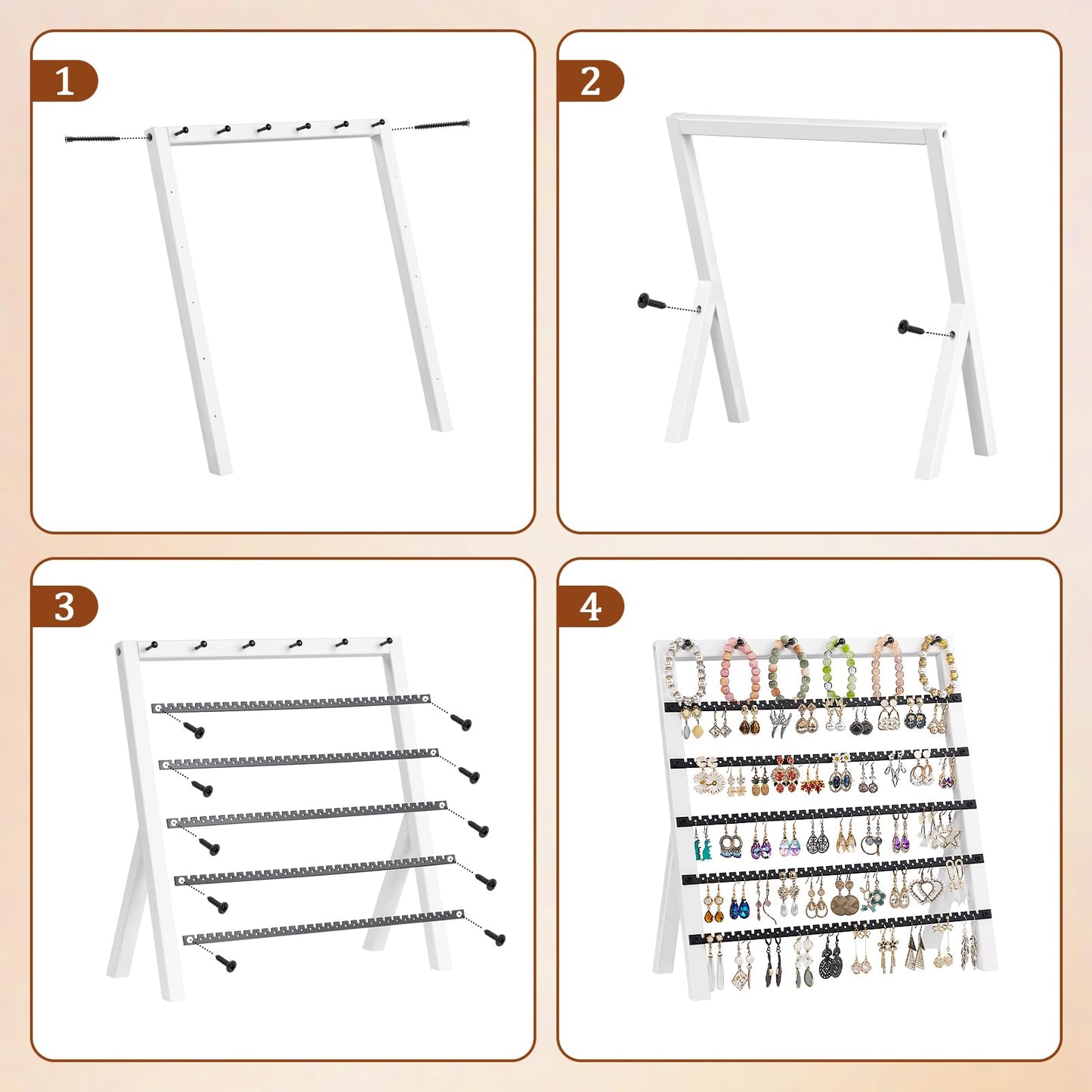 Emfogo Earring Holder Organizer, 6 Tier Earring Display Stand with 285 Holes & 6 Bracelet Rods, Rustic Wood Jewelry Organizer for Earring Bracelet Necklace Ring, Gifts for Women (White)