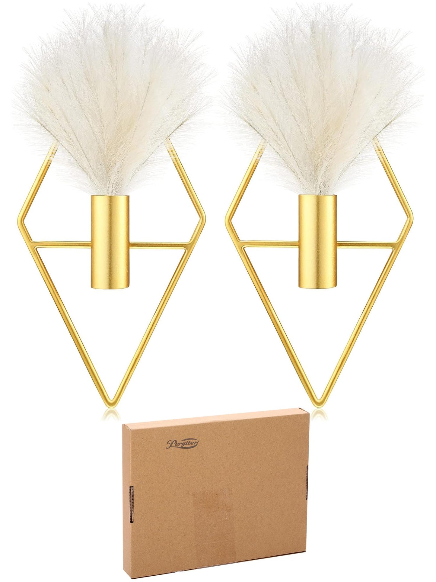 Peryiter 2 Pcs Boho Wall Decor Metal Gold Wall Art Hanging Planters with Artificial Pampas Modern Home Decor Display Art for Living Room Bedroom Bathroom(Rhombus)