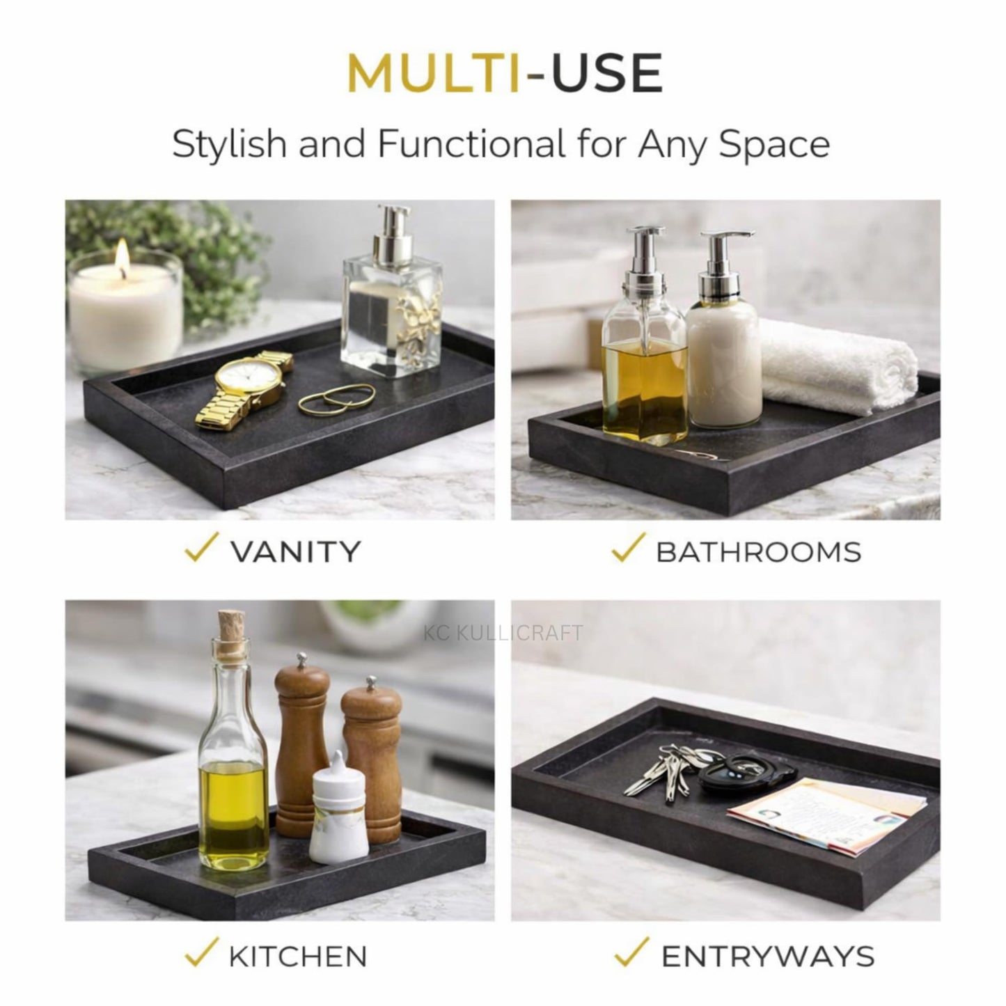 KC KULLICRAFT Natural Marble Tray, Black, 12" x 8", Rectangular
