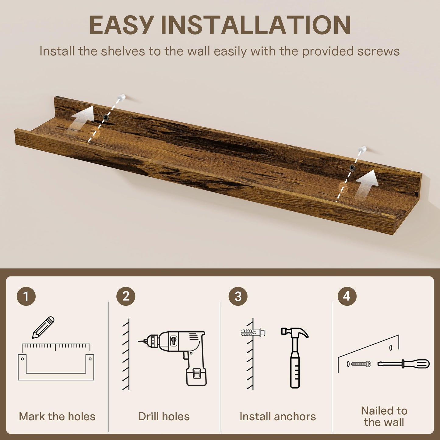 Fun Memories Picture Ledge Shelf - 24 Inches Floating Shelves Set of 4 - Nursery Bookshelves for Storage - Wood Bookshelf Wall Mounted for Bedroom - Living Room - Kitchen - Rustic Brown