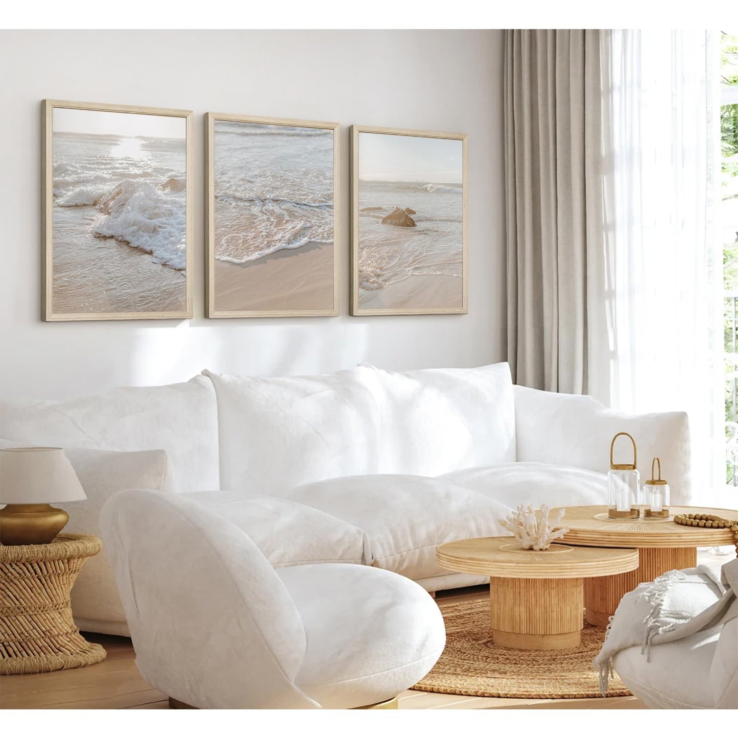 Beach Wall Art Decor Coastal Wall Art Pictures Ocean Canvas Wall Art Beige Beachy Wall Decor Boho Beach Prints Ocean Painting Coastal Artwork for Bedroom Living Room 12x16 Inch Wood Framed Set of 3