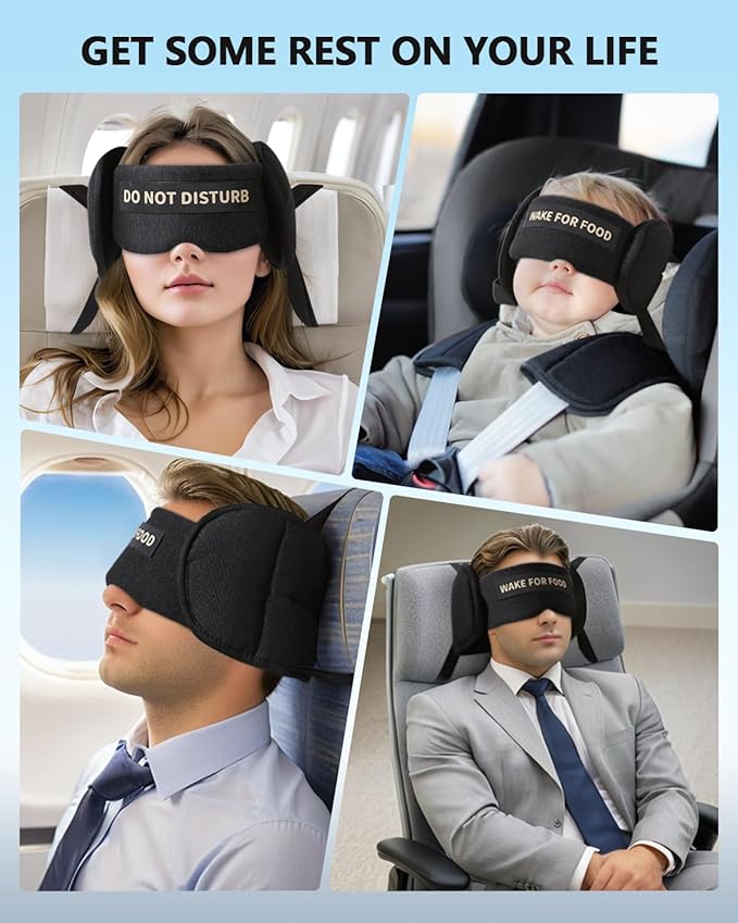 Travel Pillows for Airplanes, Airplane Pillow for Long Flights Sleeping Travel, Airplane Head Strap with Eye Mask 360° Support Headrest for Plane Road Trip Sleep, Stop Bobblehead(Black)