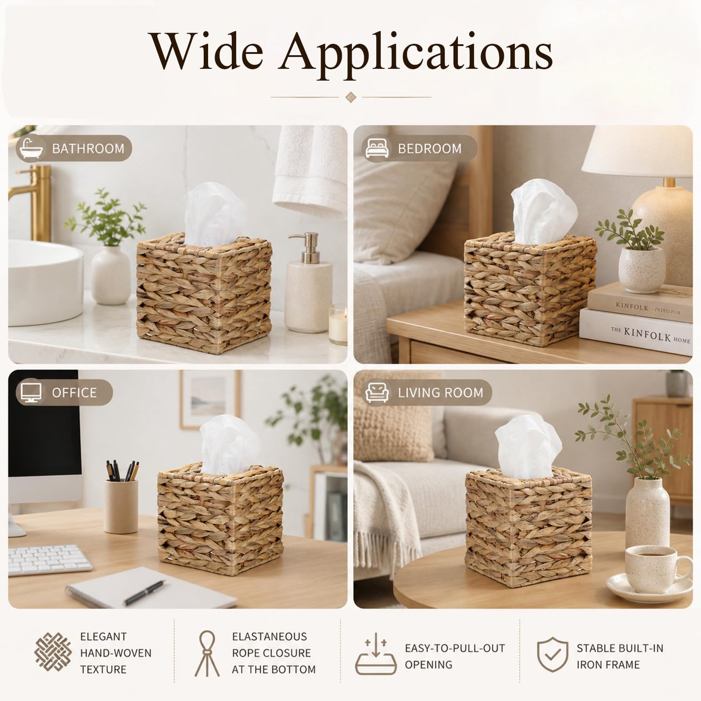 Rattan Tissue Box Covers, 2 Pack Square Wicker Facial Tissue Holders, Handwoven Water Hyacinth Cube Dispensers for Bathroom, Bedroom, Office and Boho Home Decor