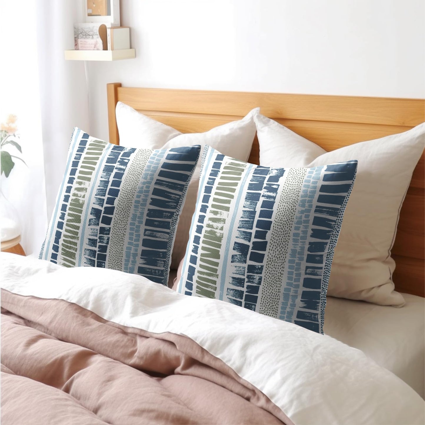 Blue Green Pillow Covers 18x18 Set of 2 Boho Striped Dots Print Pattern Decorative Outdoor Zipper Pillowcases Rustic Decoration Farmhouse Linen Throw Cushion Cover Decor for Home Couch Sofa Bed