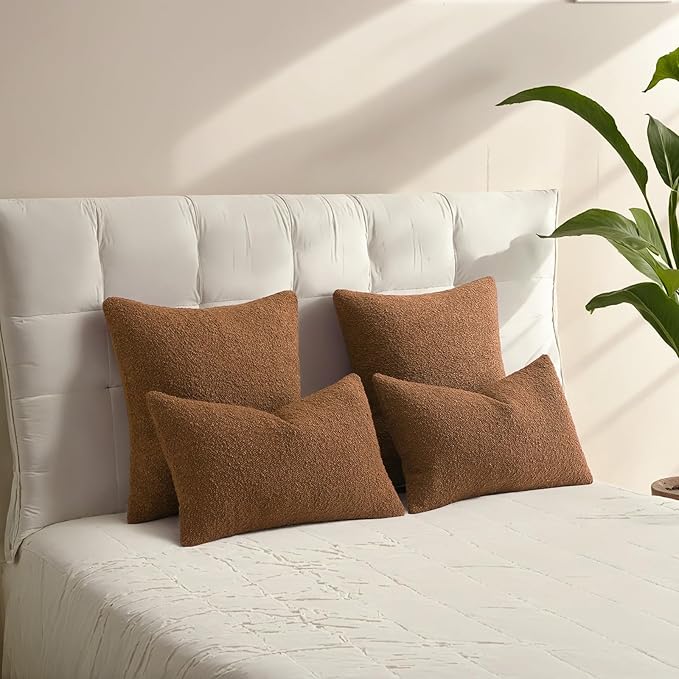 HAUSSY Set of 2 24x24 Decorative Throw Pillow Covers, Soft Cozy European Pillow Shams Textured Boucle, Home Decor for Couch Bed Living Room, Tobacco
