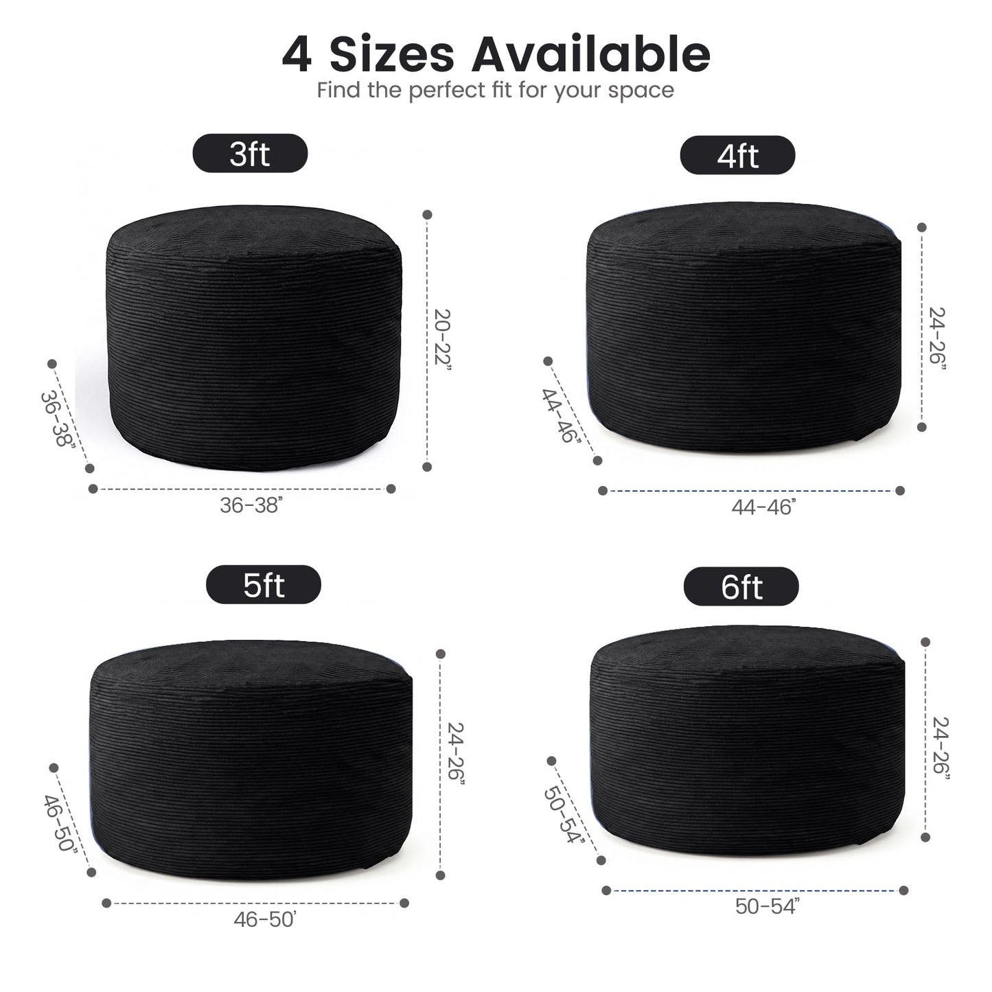 Yagamo Large Bean Bag Chairs for Adults, 4FT Memory Foam Bean Bag, Bean Bag Chairs with Removable Striped Plush Cover, Cozy Beanbags for Living Room Bedroom Dorm and Office- Black