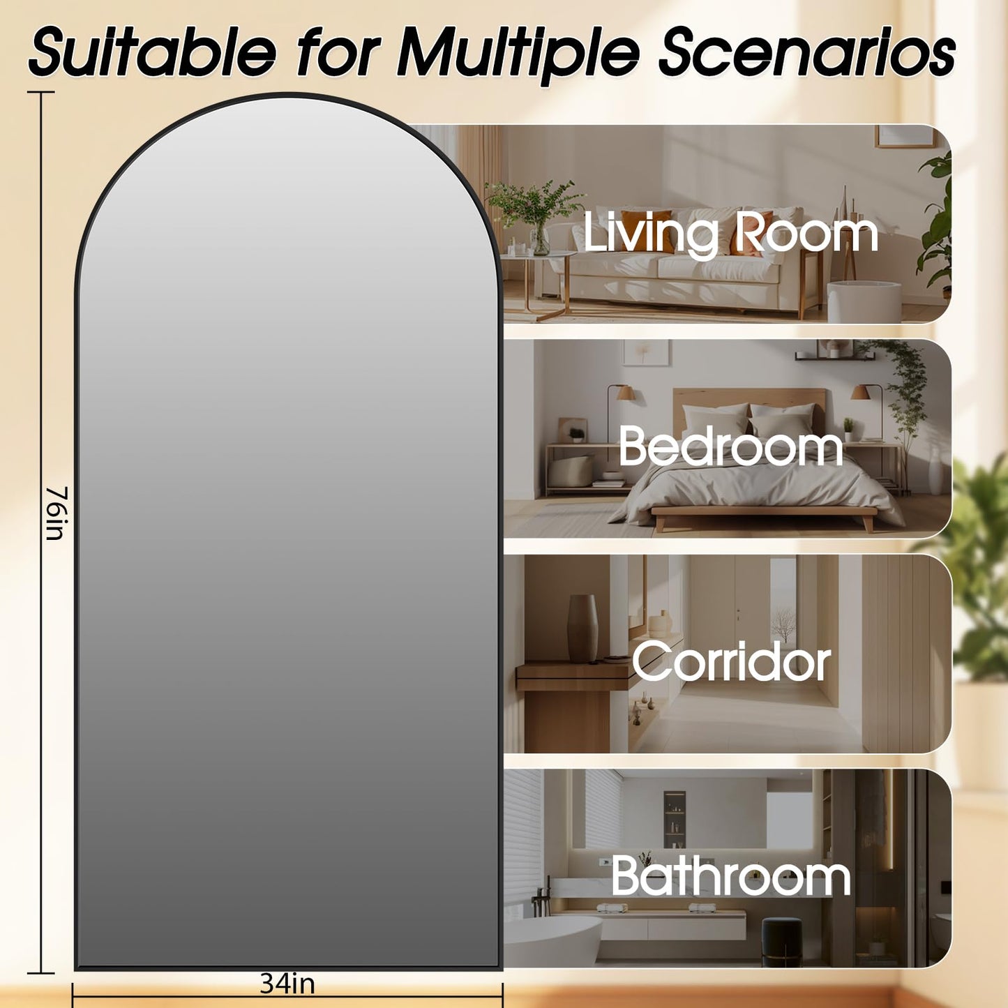 NBGV 76"x34" Floor Mirror Full Length, Arched Full Length Mirror with Stand, Large Full Body Mirrors for Bedroom Living Room or Cloakroom Black