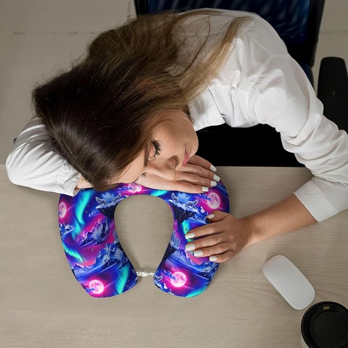 Neck Travel Pillow, Breathable Memory Foam Chin & Head Support Cushion Full Moon Wolves Aurora Art for Airplane Car Sleeping Rest
