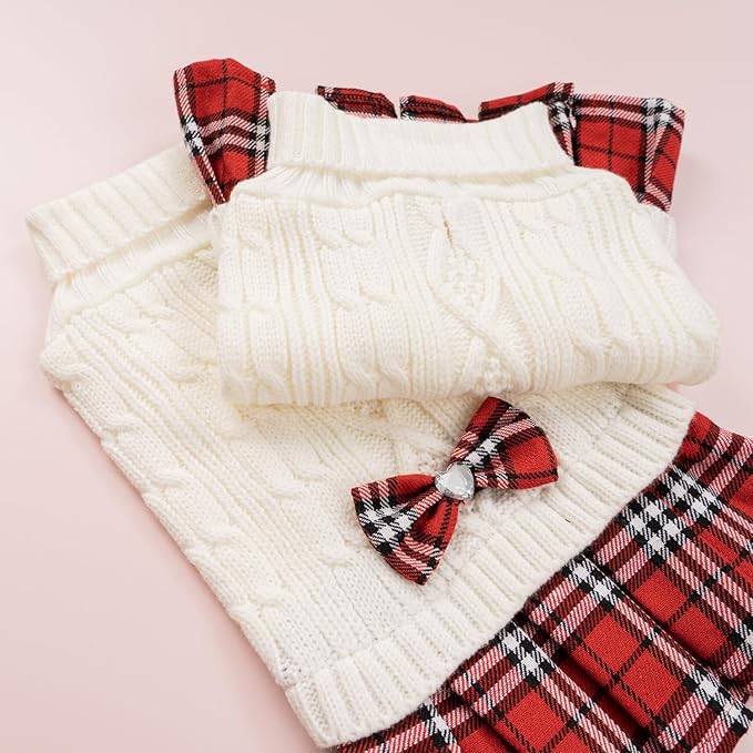 YUDODO Small Dog Sweater Dress with Bowtie Turtleneck - Knitted Pet Girl Dog Winter Clothes - Pet Warm Sweater for Puppy Yorkies, Chihuahua (XL White)