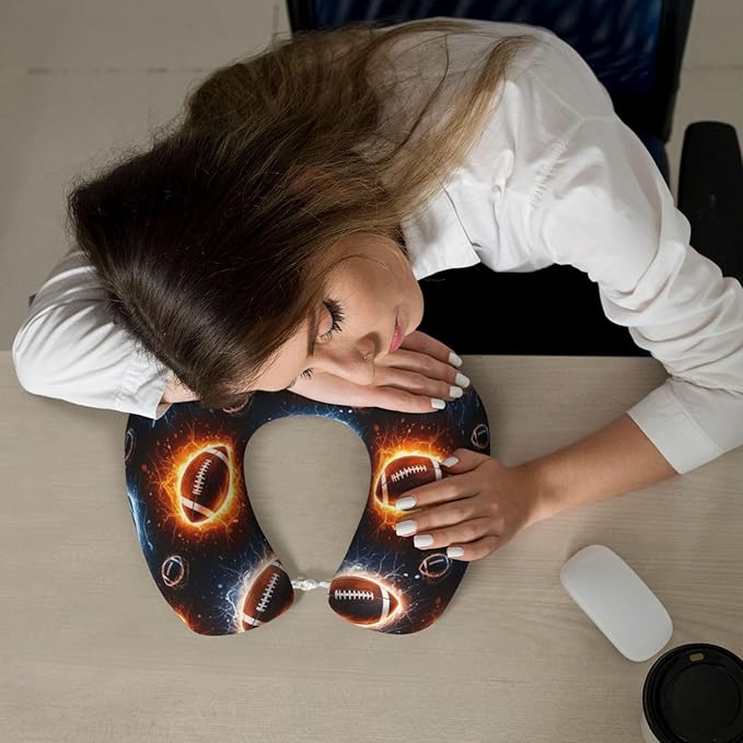 Memory Foam Airplane Pillow Space Fire American Football for Car Chin Head Neck Supporting, U Shape Pillows Travel Cushion for Office, Nap Sleeping