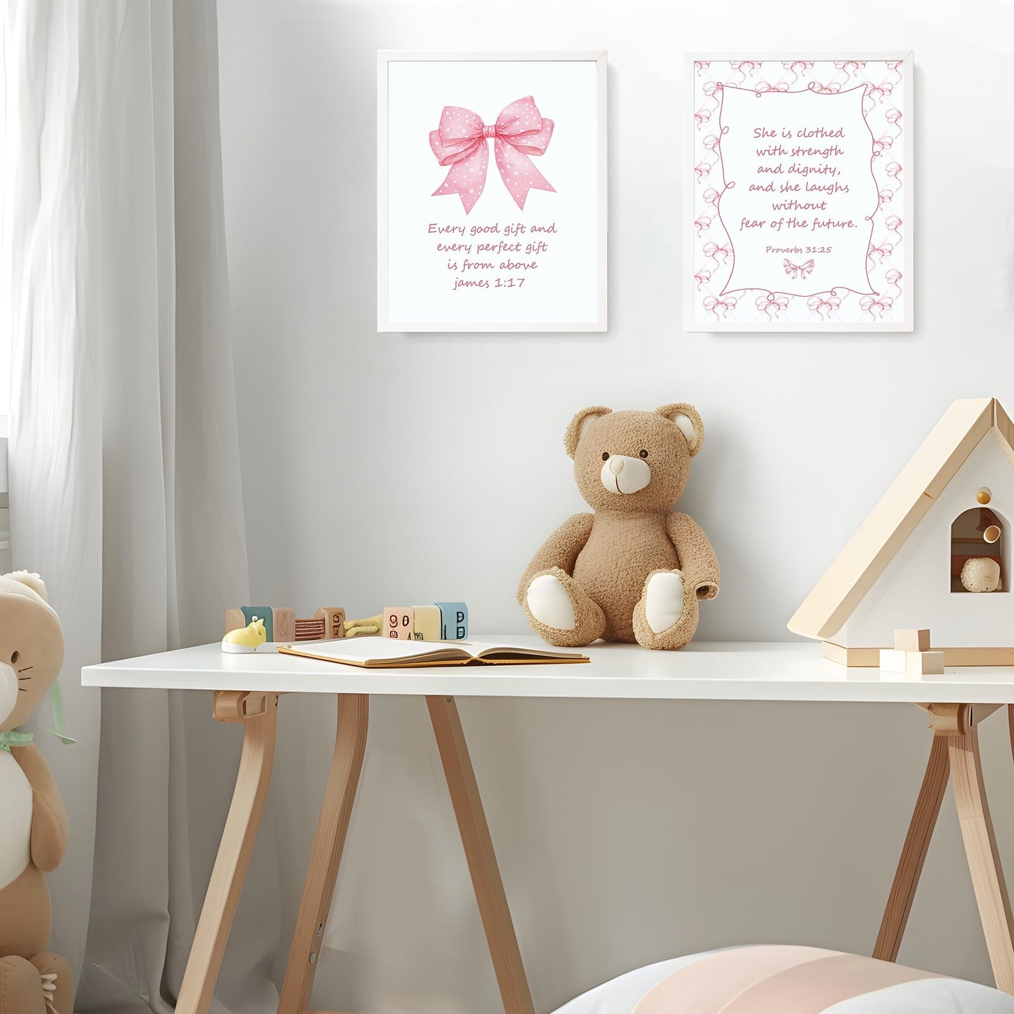 LARTSFRO Coquette Pink Bow Jesus Wall Art Decor Posters, Light Pink Bow Christian Room Bedroom Bathroom Dorm Wall Art Decor Aesthetic for College Teen Girls Gifts, Inspirational Bible Verses Bow Wall Decor, 10x8 Inch Set of 4 Bow Pictures (UNFRAMED)