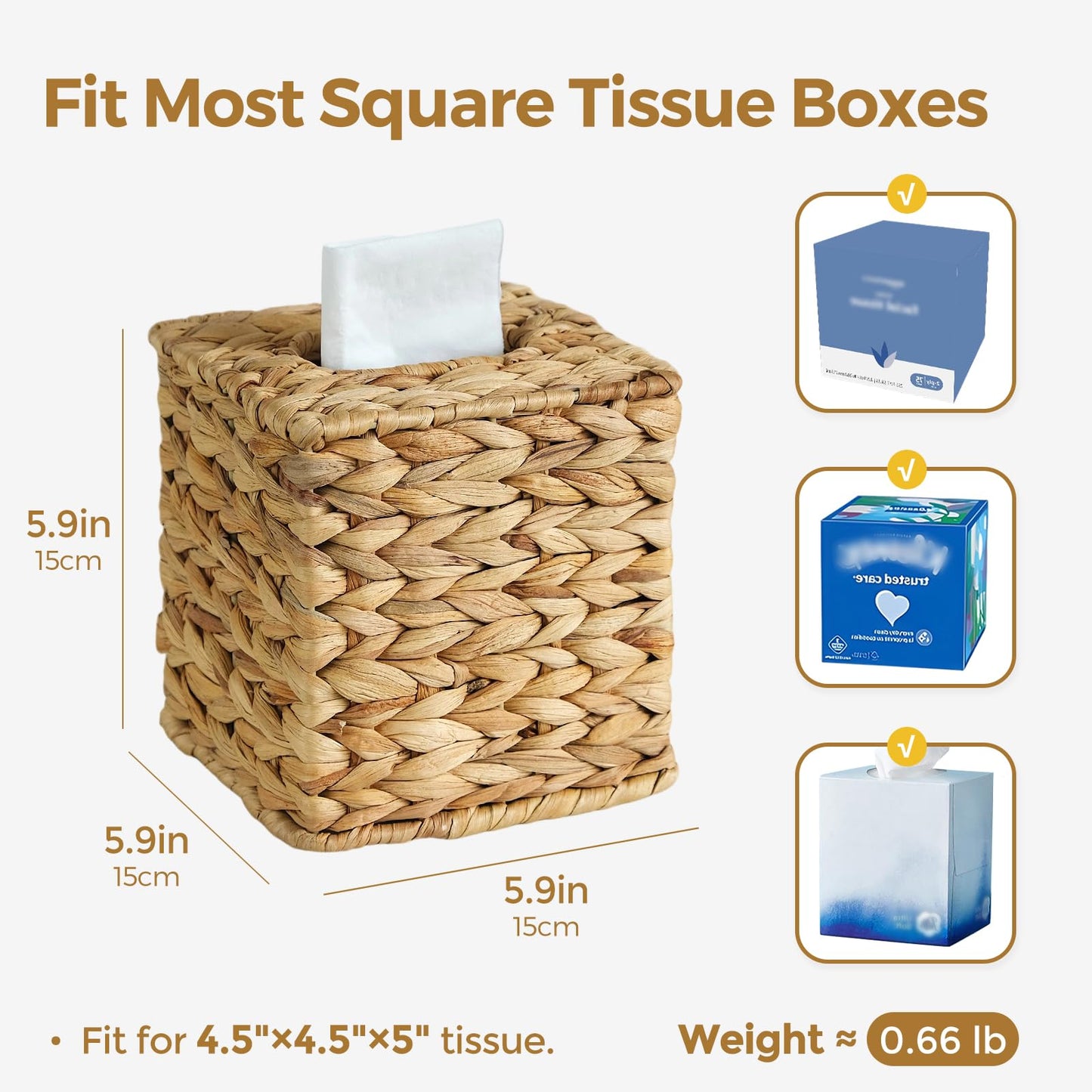 KALEKAIL Wicker Tissue Box Cover, Rattan Tissue Box Holder Square, Boho Decorative Woven Water Hyacinth Cube Tissue Holders for Bathroom Living Room Kitchen