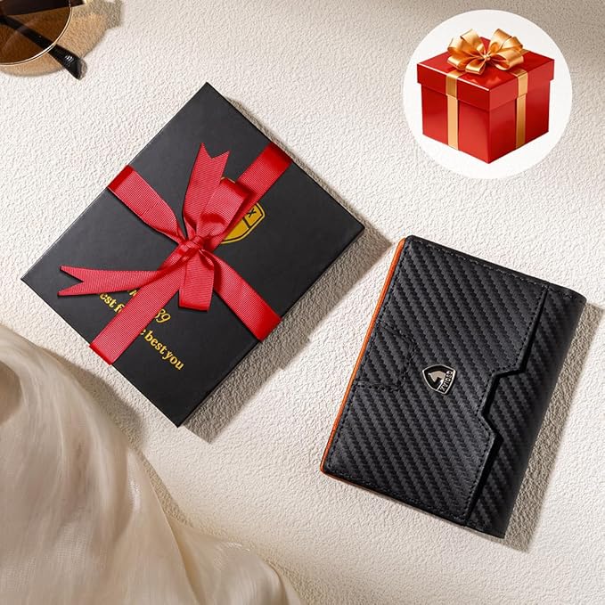 GSOIAX Wallet for Men Slim RFID Blocking Front Pocket Bifold Wallet Leather Money Clip 10-12 Cards Mens Wallet with ID Window Thin Minimalist Credit Card Holder Birthday Gifts for Men Carbon-Orange