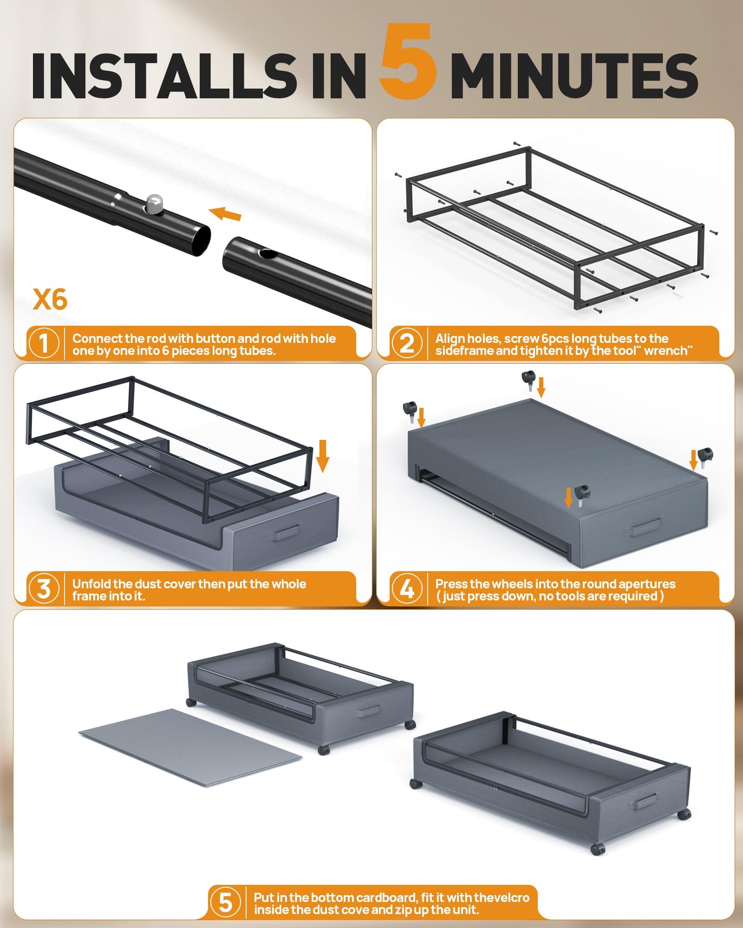 YEEBONIX Under Bed Storage with Wheels, Square Under Bed Storage Containers, 60L Under The Bed Storage Bins, Rolling Metal Drawer for Clothes, Blankets, Shoes...