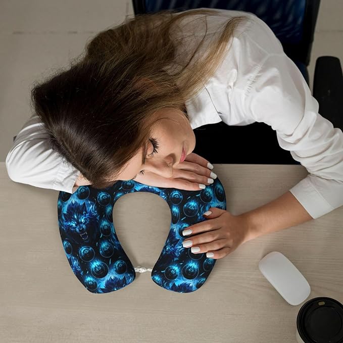 Breathable Neck Pillow for Sleeping Rest Nap Angry Wolf Blue, Airplanes/Car/Home Memory Foam Travel Cushion with Polyester Cover Washable for Women Men