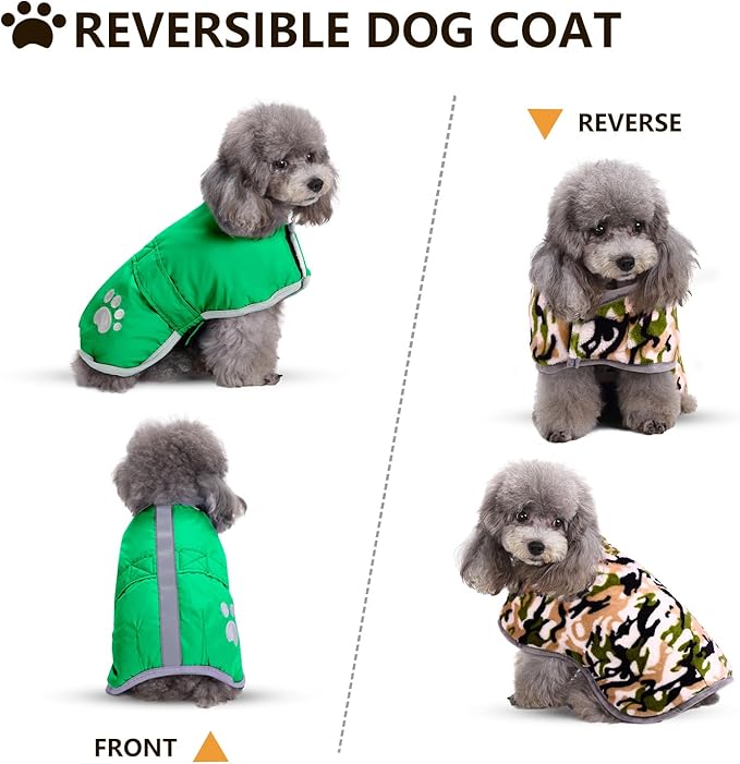 Queenmore Dog Winter Coat, Cold Weather Fleece Jacket for Dogs, Waterproof Reflective Reversible, for Small, Medium and Large Dogs (Green, M)