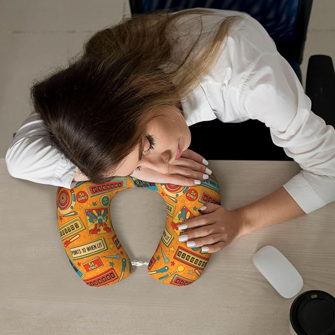 Unique Travel U Shaped Pillows Cartoon Pinball Orange for Airplanes Car Flight, Comfortable Chin Head Neck Cushion Supporting, Polyester Removable Cover