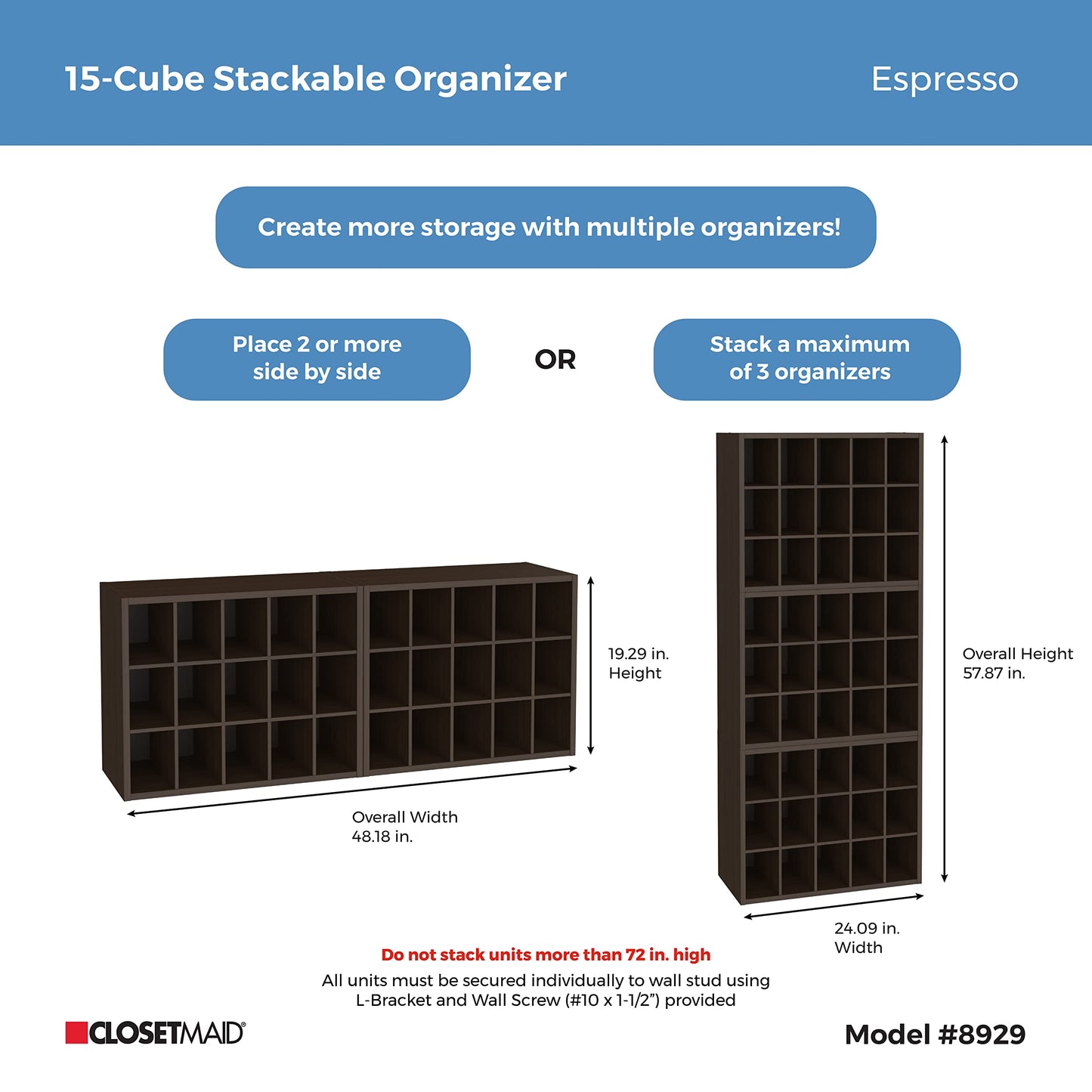 ClosetMaid 15 Cube Stackable Storage Organizer for Shoes, Bags, Crafts, Hobbies with Wood Shelves, for Closet, Entryway or Mudroom, Espresso