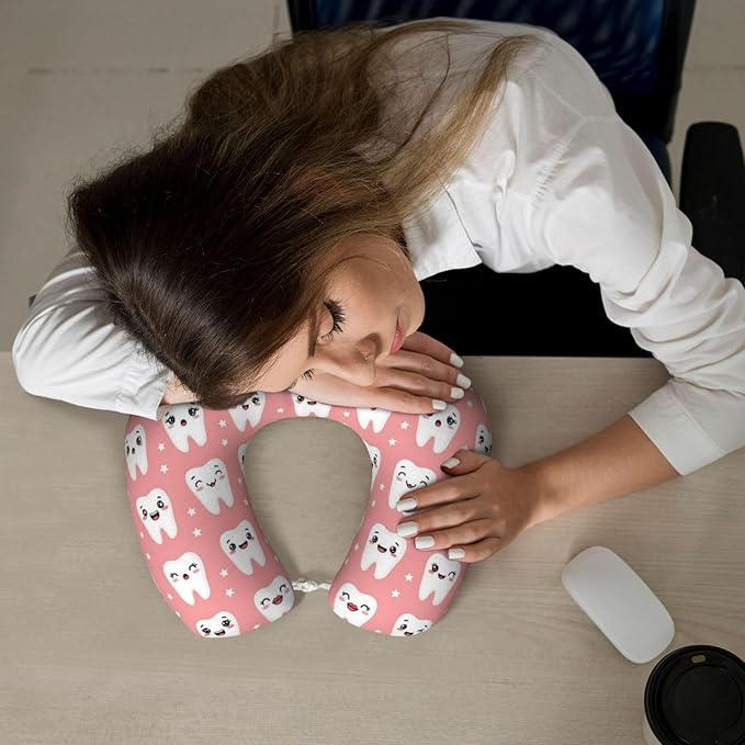 Travel Neck Pillow for Pain Relief Sleeping, Cute Dental Teeth Pink, Comfortable Memory Foam Chin Head Cushion Support with Zip Cover, Fashion Car Flight Pillows