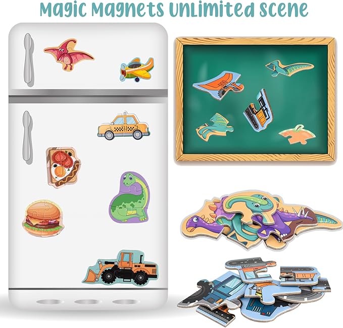 ASTARON 3D Magnetic Animal Puzzle with 60 Puffy Stickers for Toddlers, 41 Pieces Puzzles Preschool Education Learning Travel Toys Car Plane Activities for Kids Road Trip Birthday Gifts