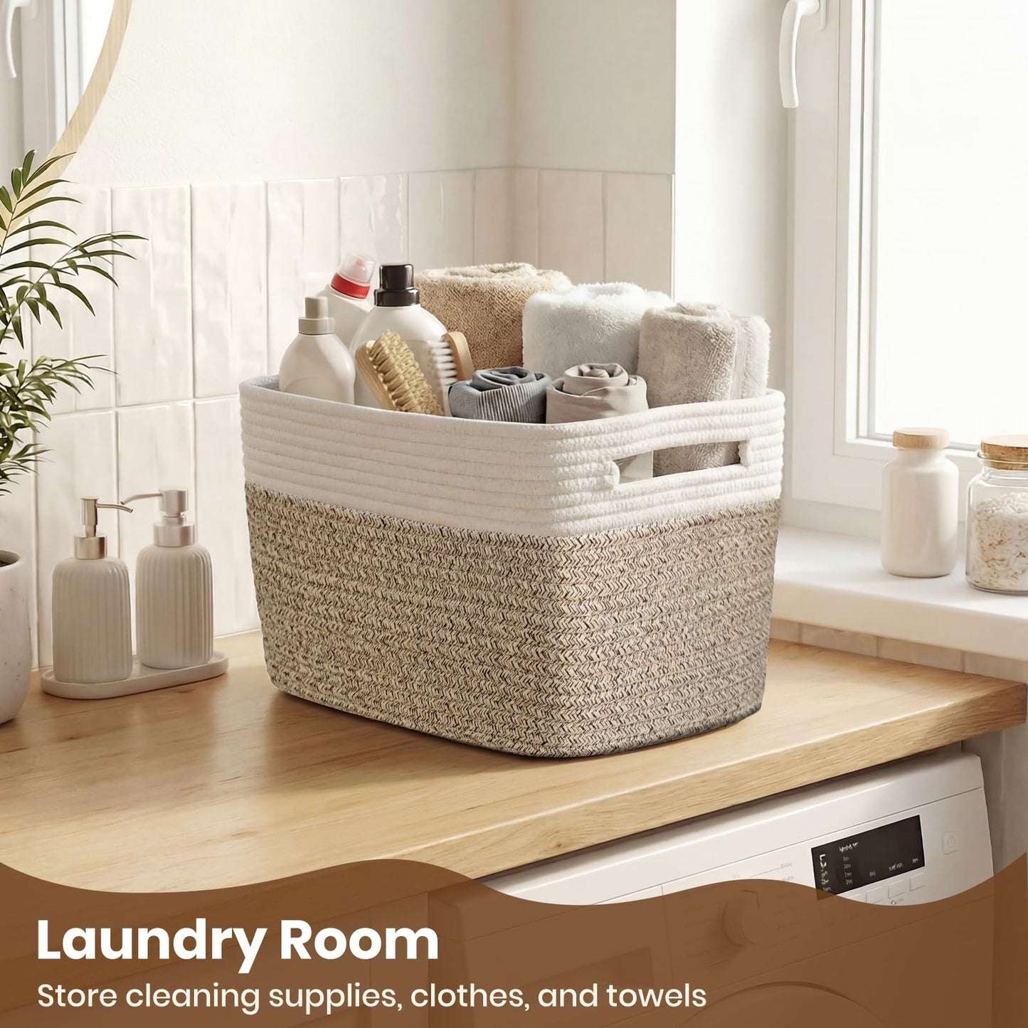 Storage Baskets for Organizing, 14 x 10 x 9” Closet Shelf Woven Baskets, Square Bins with Handles, Cotton Rope Basket for Clothes, Office, Room, White+Rice Brown 3 Pack