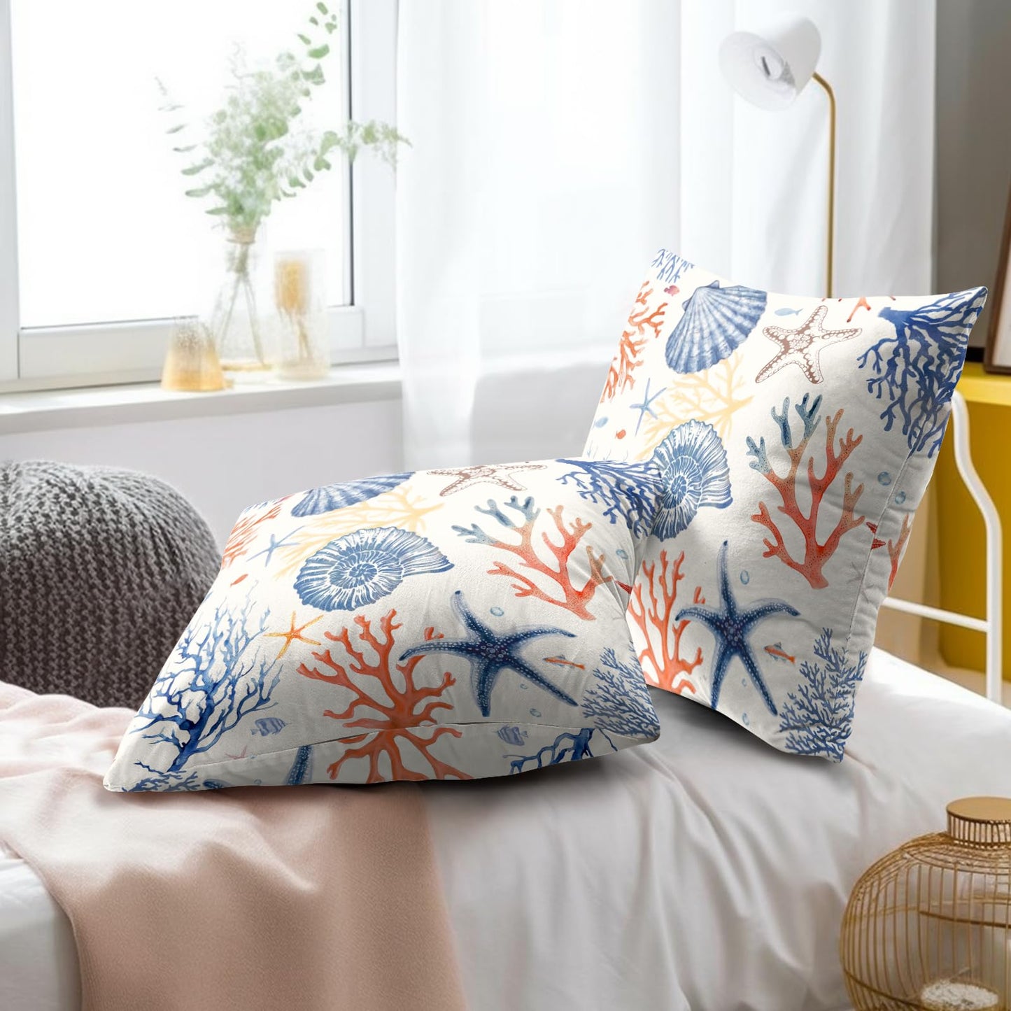 Mweet Nautical Coastal Throw Pillow Covers 18x18 Set of 2, Summer Ocean Beach Coral Decorative Pillow Cases Cotton Cushion Cover for Home Sofa Couch Wedding Anniversary Decor