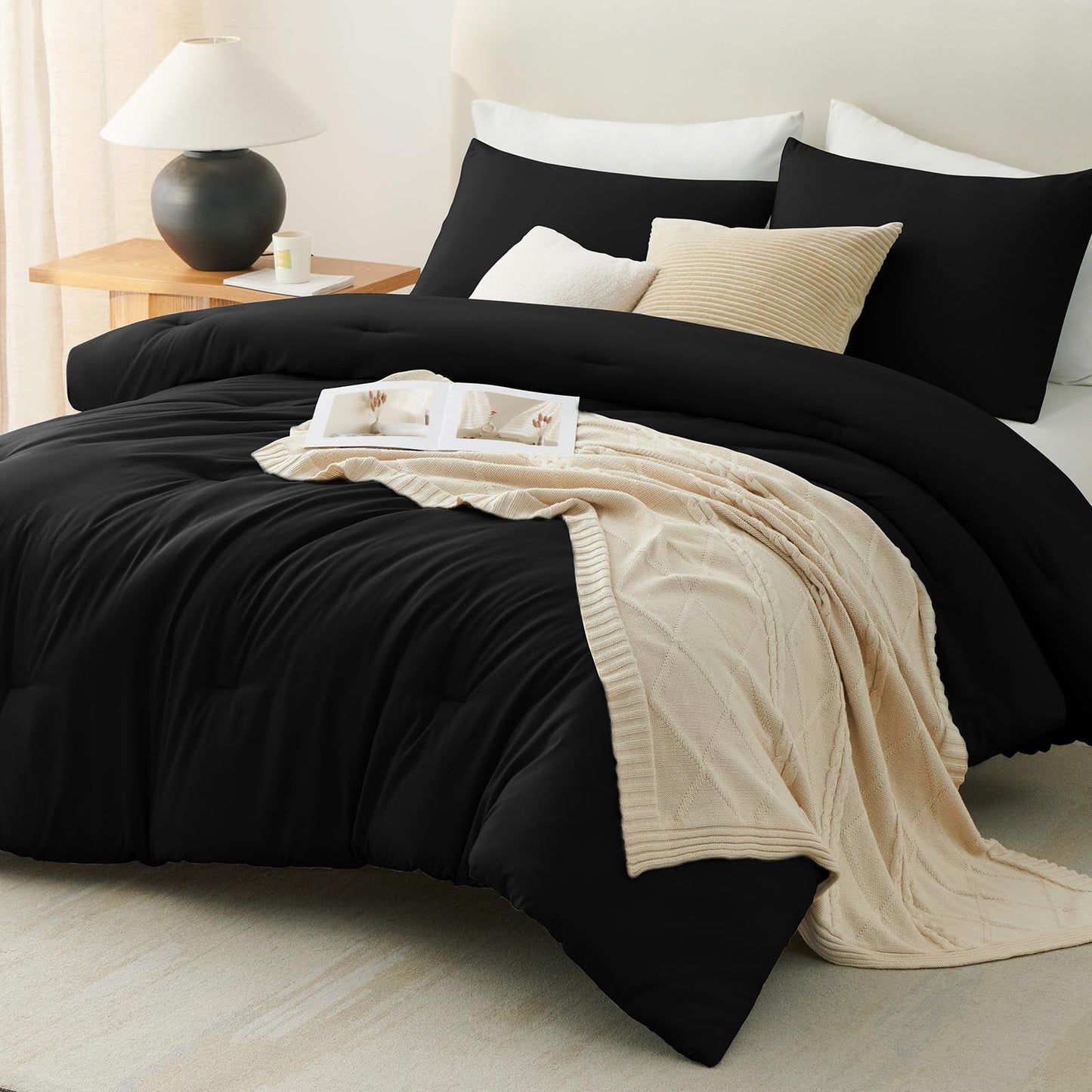 CozyLux Queen Comforter Set Black, 3 Pieces Lightweight Comforters Queen Size Quilted Bedding Sets, All Season Breathable Solid Down Alternative Comforter with 2 Pillowcases, Soft Bed Set for Home
