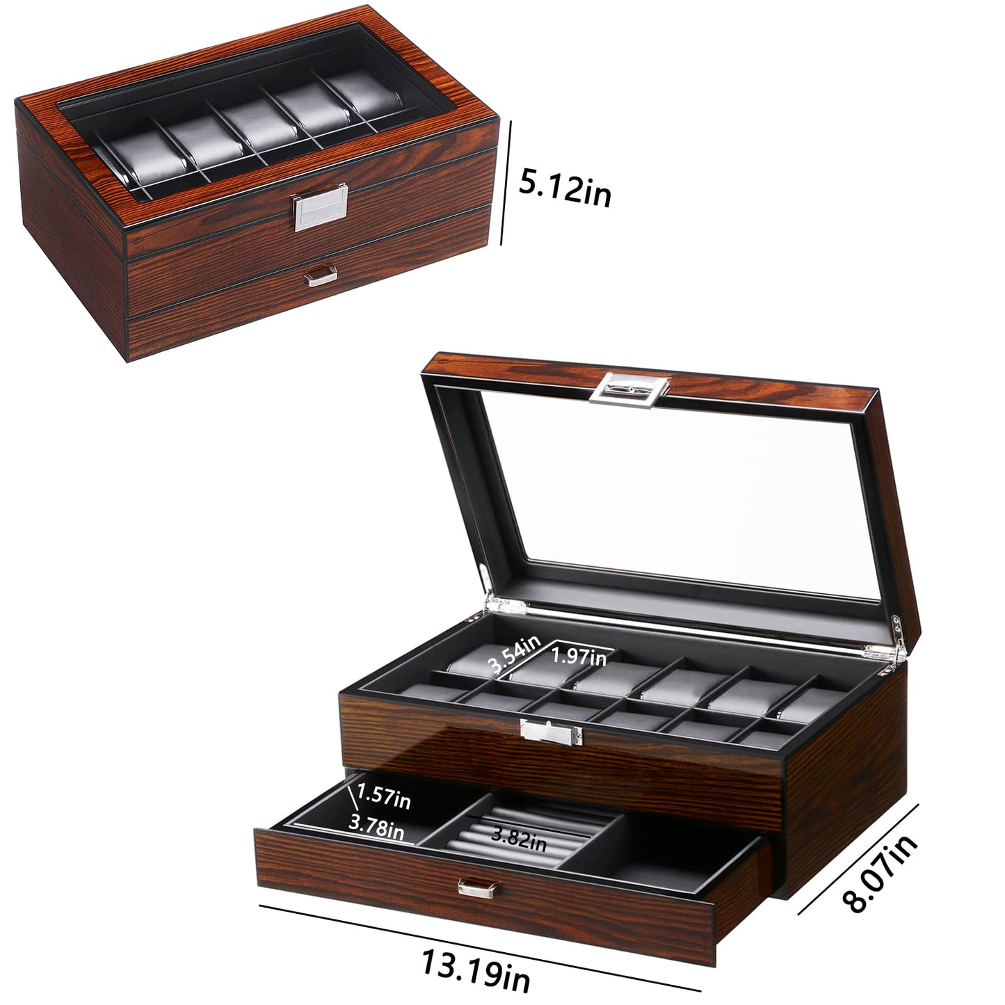 BEWISHOME Watch Box 12-Slot, Watch Case with Large Glass Lid