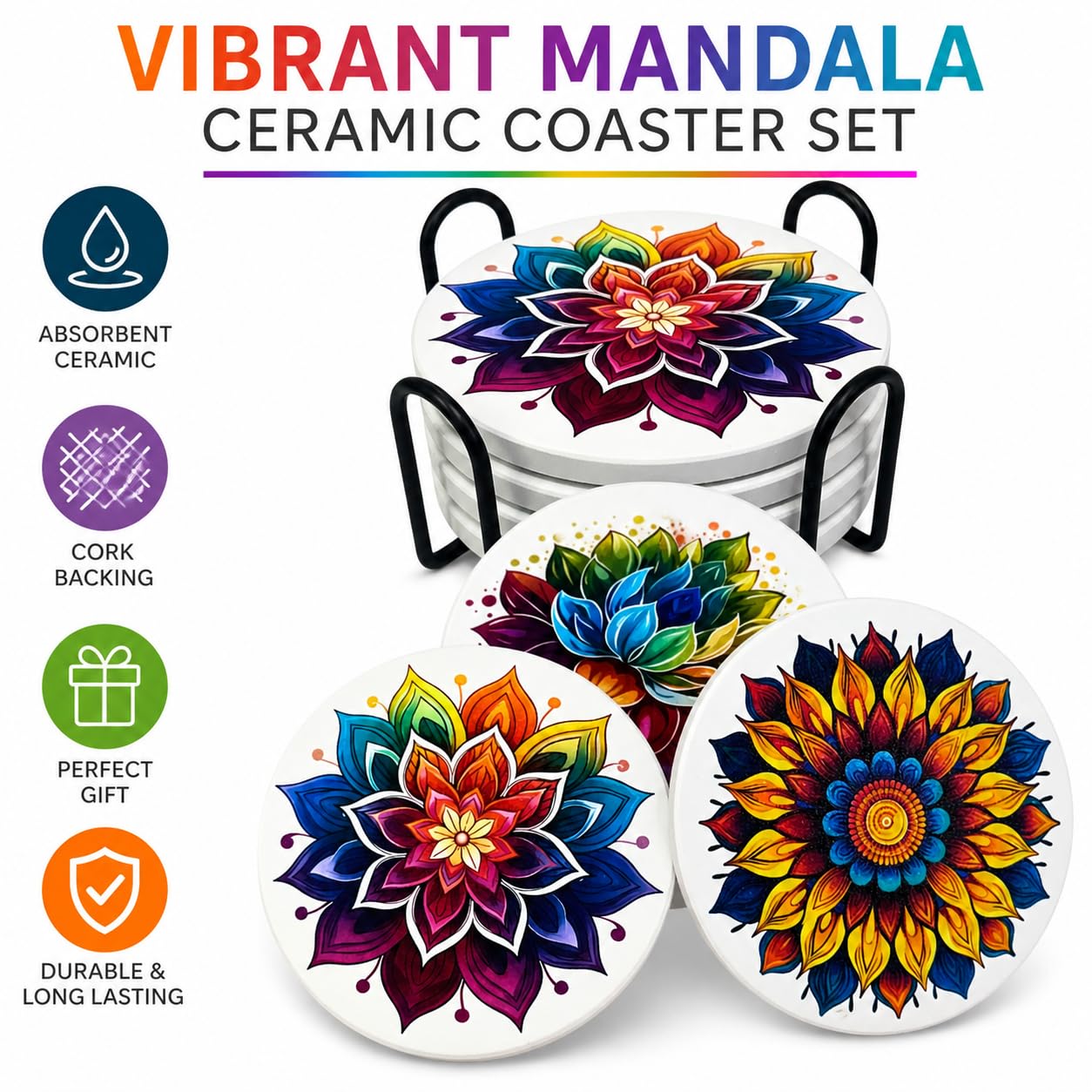 Mandala Ceramic Coasters Set of 6 with Holder – 4 Inch Absorbent Drink Coasters with Cork Backing